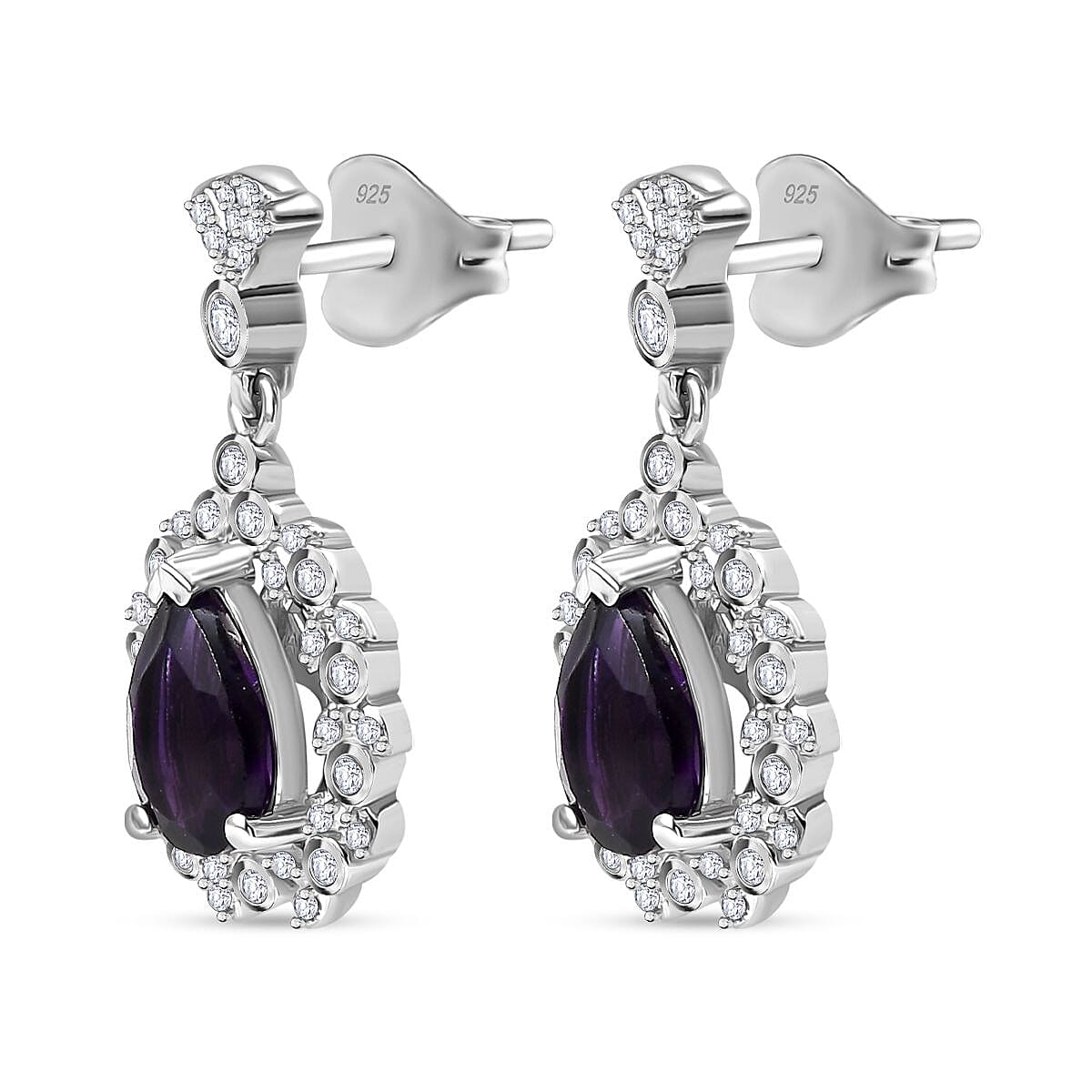 AAA African Amethyst &amp; White Zircon Dangling Earring with Push Back in Rhodium Overlay Sterling Silver 3.98 Ct. 8046567 4