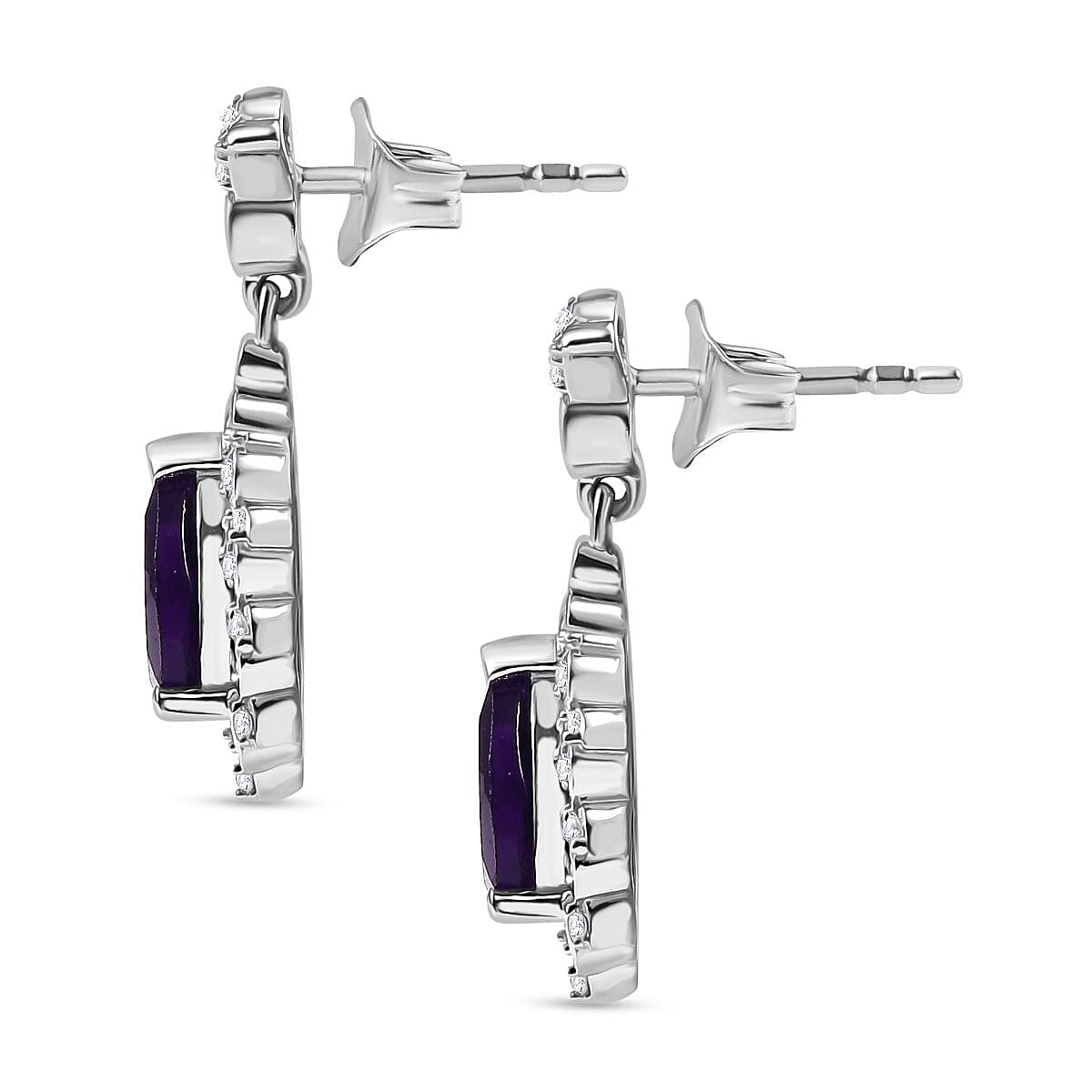 AAA African Amethyst &amp; White Zircon Dangling Earring with Push Back in Rhodium Overlay Sterling Silver 3.98 Ct. 8046567 5