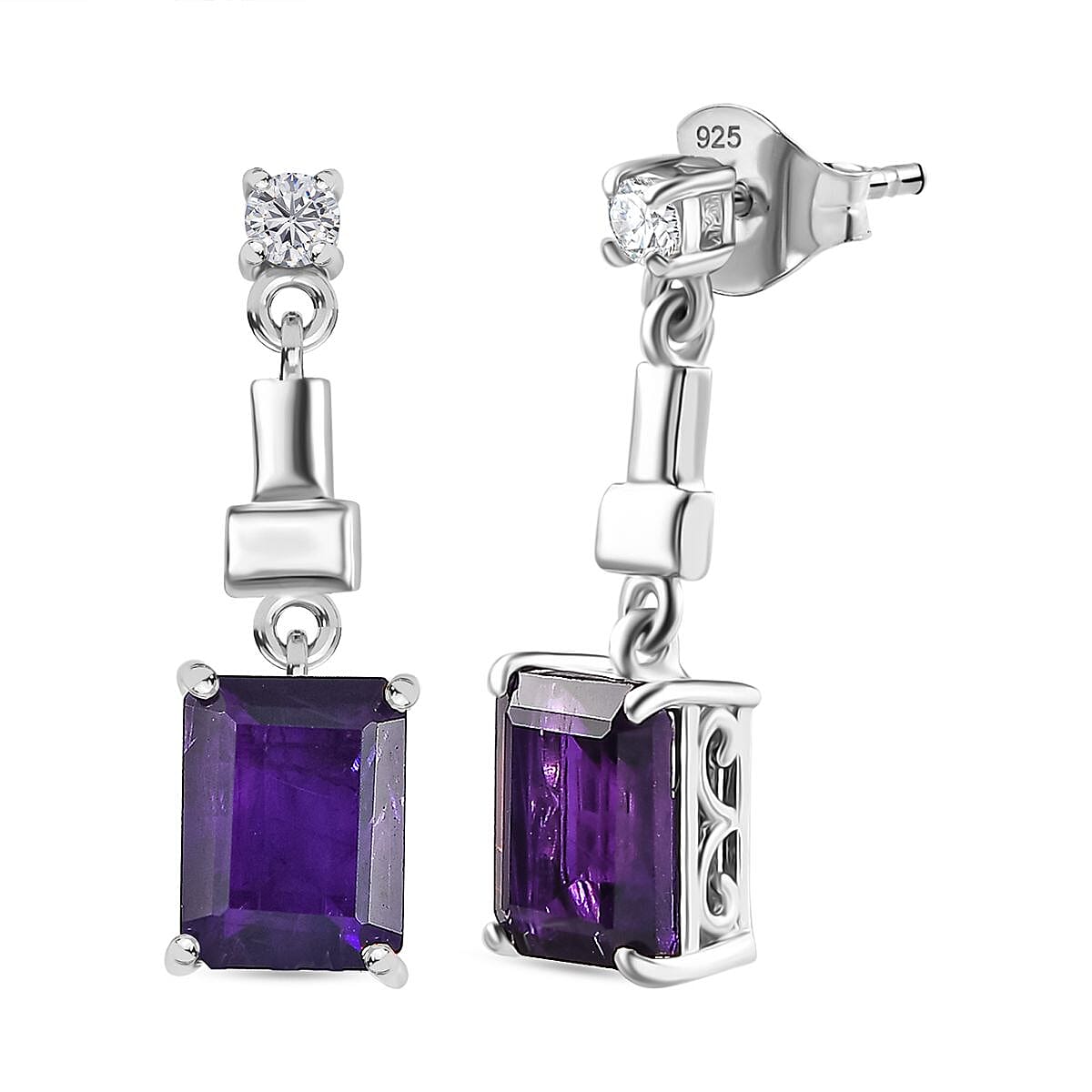 AAA African Amethyst &amp; White Zircon Dangling Push Back Earring in Rhodium Overlay Sterling Silver 3.24 Ct. 8046590 0
