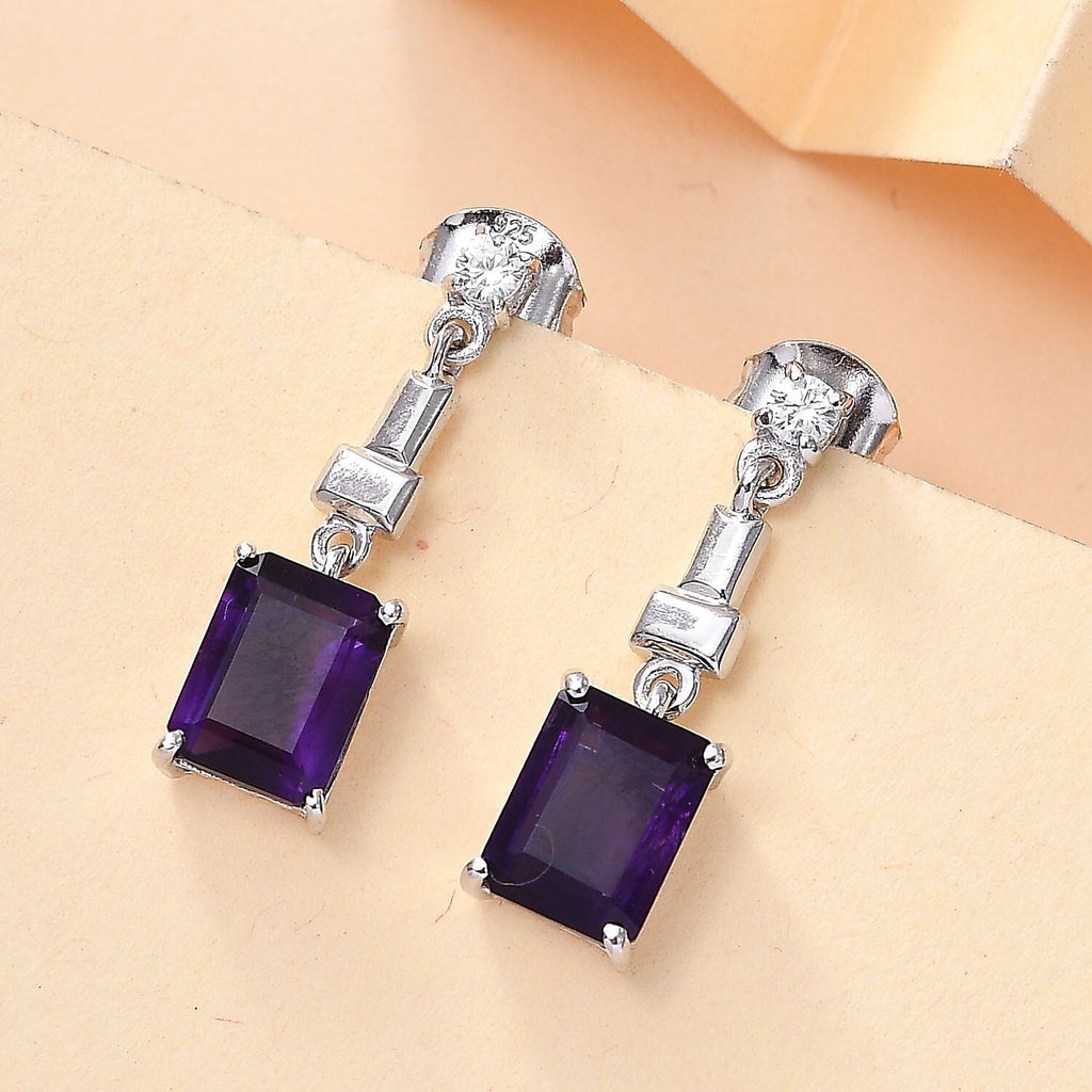 AAA African Amethyst & White Zircon Dangling Push Back Earring in Rhodium Overlay Sterling Silver 3.24 Ct.