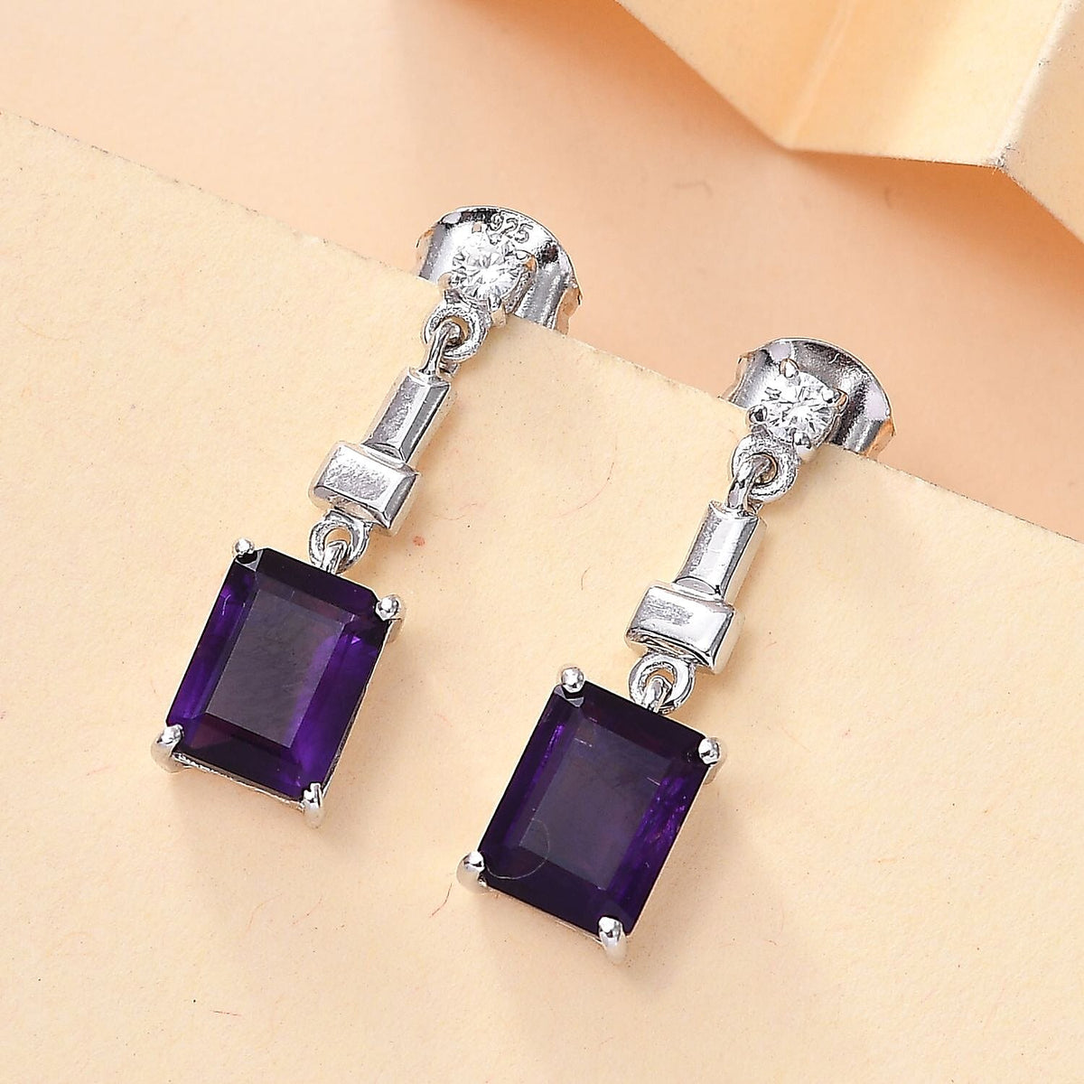 AAA African Amethyst &amp; White Zircon Dangling Push Back Earring in Rhodium Overlay Sterling Silver 3.24 Ct. 8046590 2