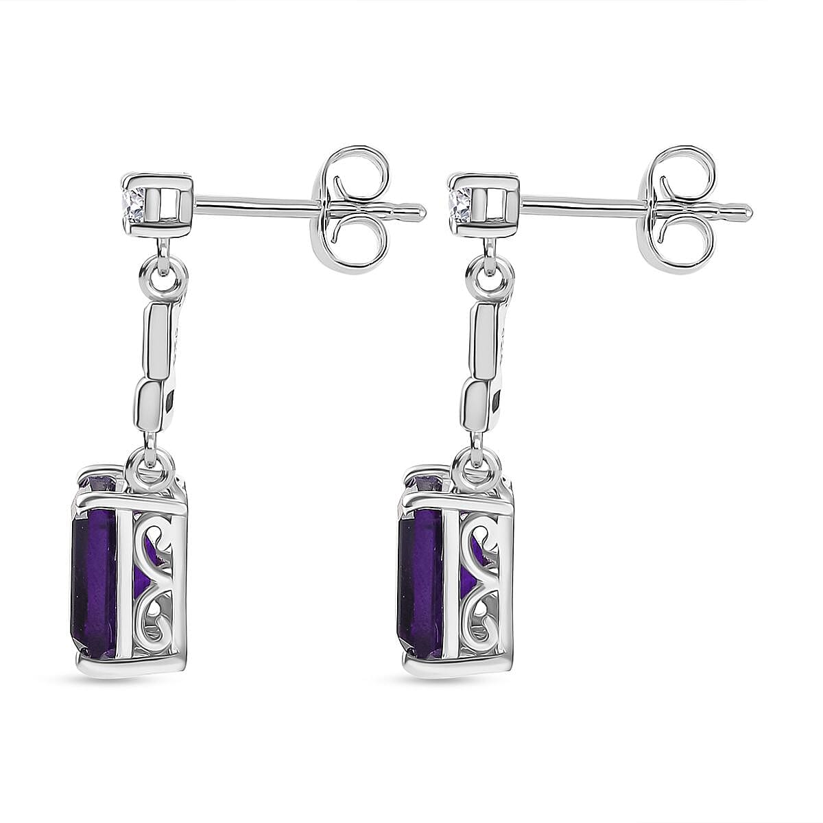 AAA African Amethyst &amp; White Zircon Dangling Push Back Earring in Rhodium Overlay Sterling Silver 3.24 Ct. 8046590 3