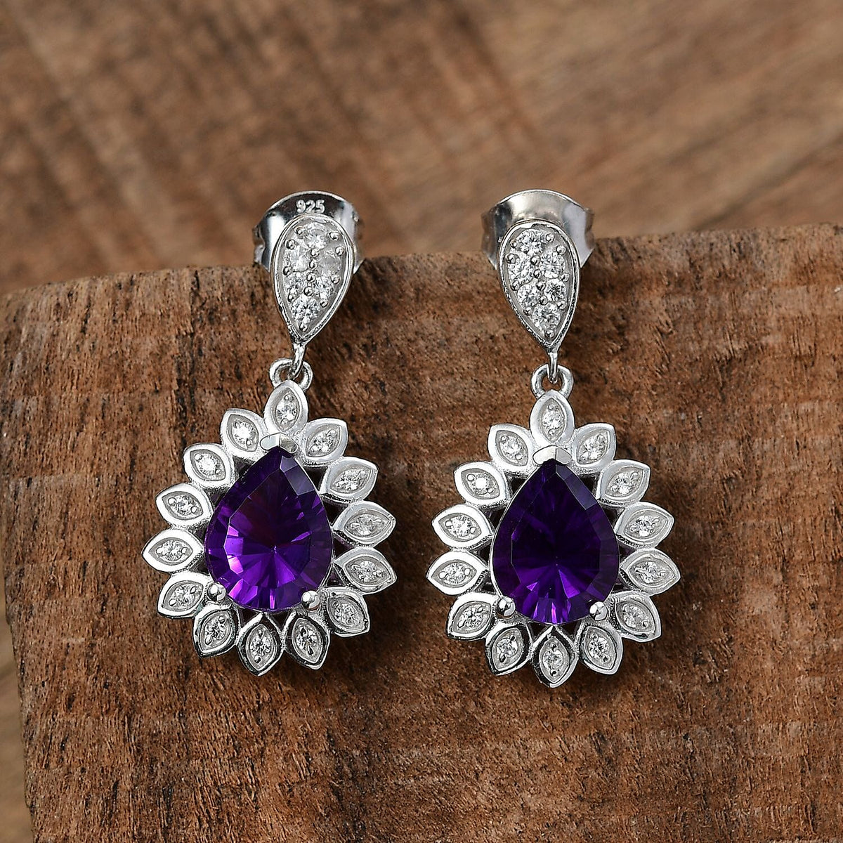 African Amethyst, White Zircon Dangling Earrings in Rhodium Overlay Sterling Silver 3.39  Ct. 7938512 4