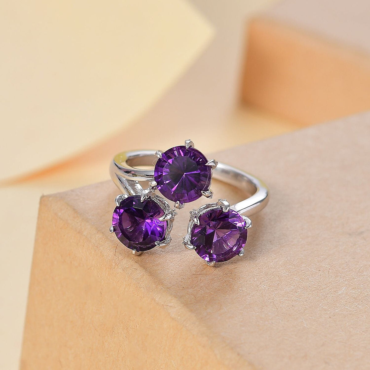 African Amethyst, White Zircon Trilogy Ring in Rhodium Overlay Sterling Silver 7928631 4