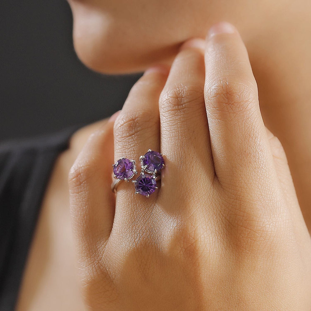 African Amethyst Concave Cut & White Zircon Ring in Rhodium Overlay Sterling Silver 3.66 Ct
