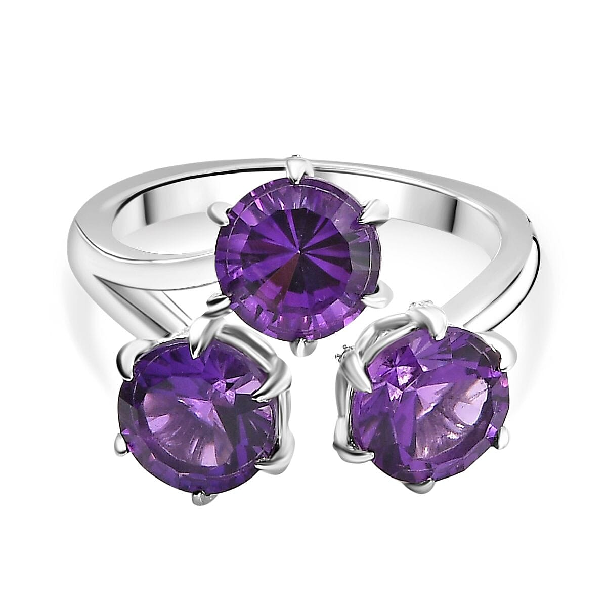 African Amethyst, White Zircon Trilogy Ring in Rhodium Overlay Sterling Silver 7928631 0