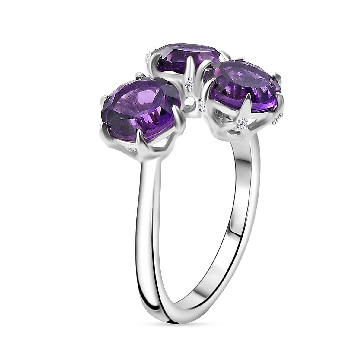 African Amethyst, White Zircon Trilogy Ring in Rhodium Overlay Sterling Silver 7928631 7