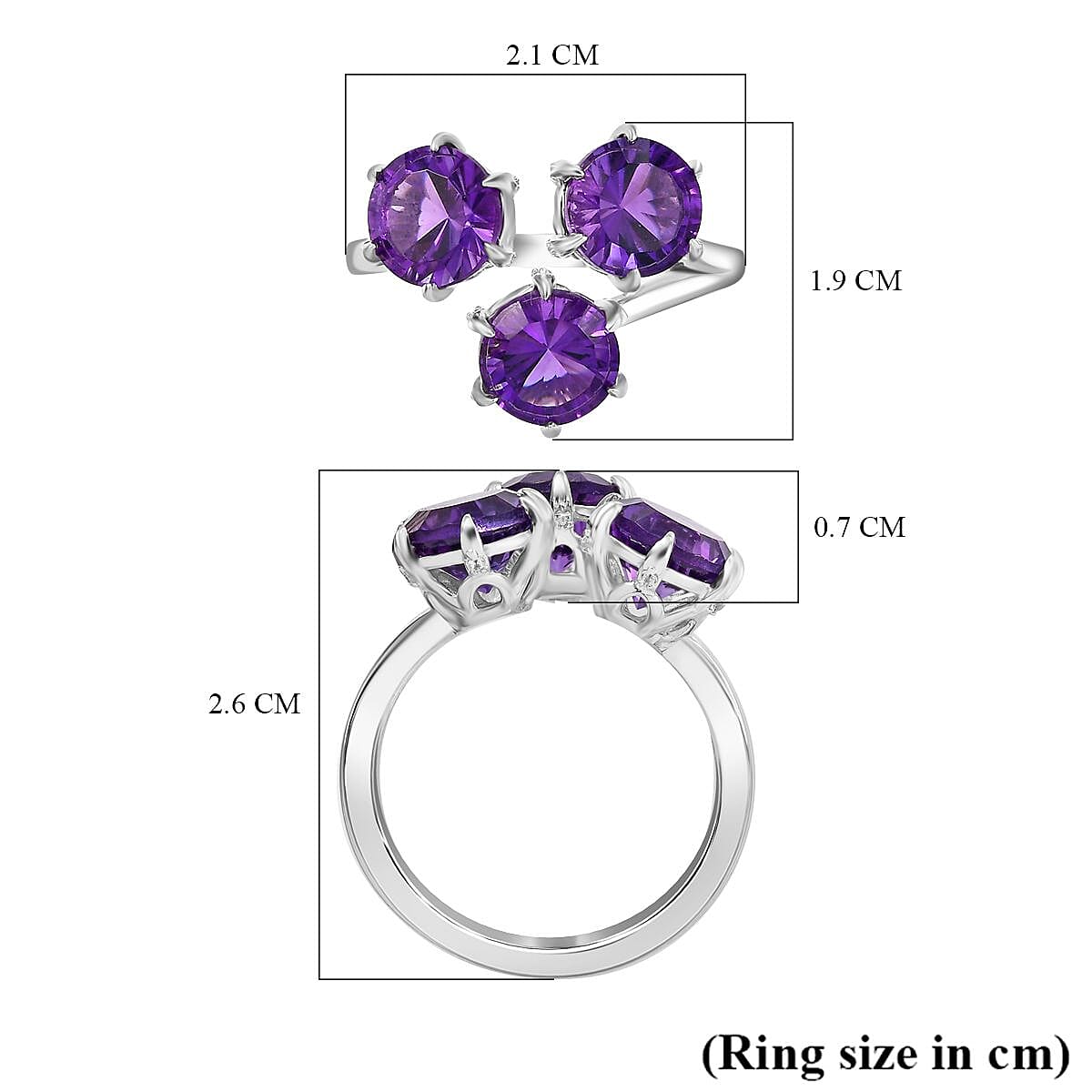 African Amethyst, White Zircon Trilogy Ring in Rhodium Overlay Sterling Silver 7928631 11
