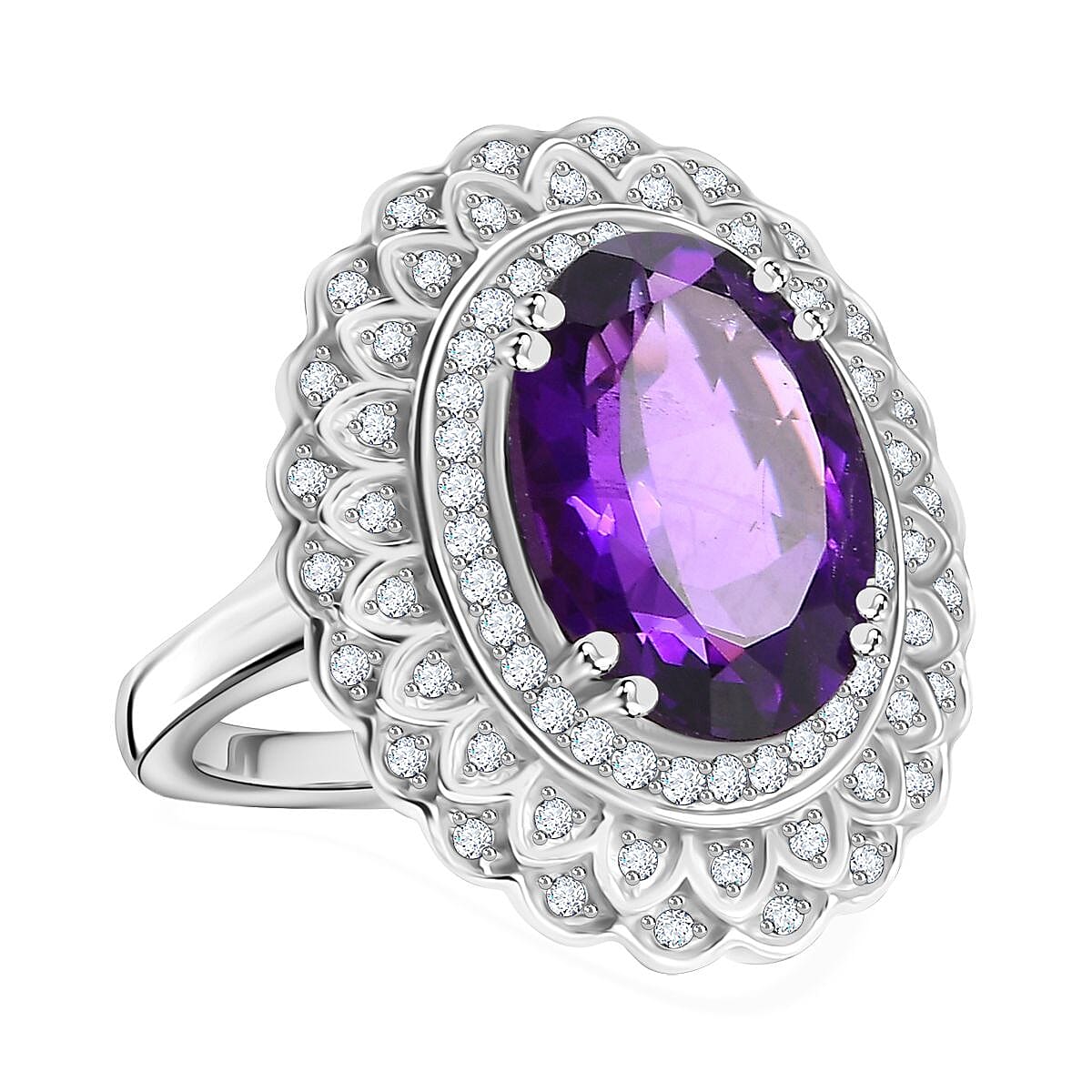 African Amethyst, White Zircon Floral Ring in Rhodium Overlay Sterling Silver 7829829 0