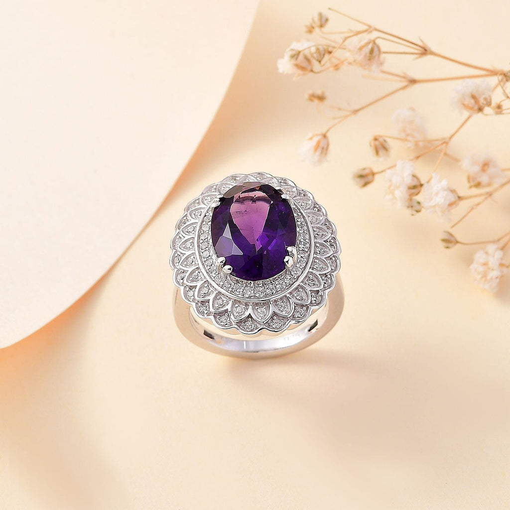 African Amethyst ,  White Zircon  Fancy Ring in rhodium Sterling Silver 10.49 ct,  Silver Wt. 7.2 Gms  6.220  Ct.