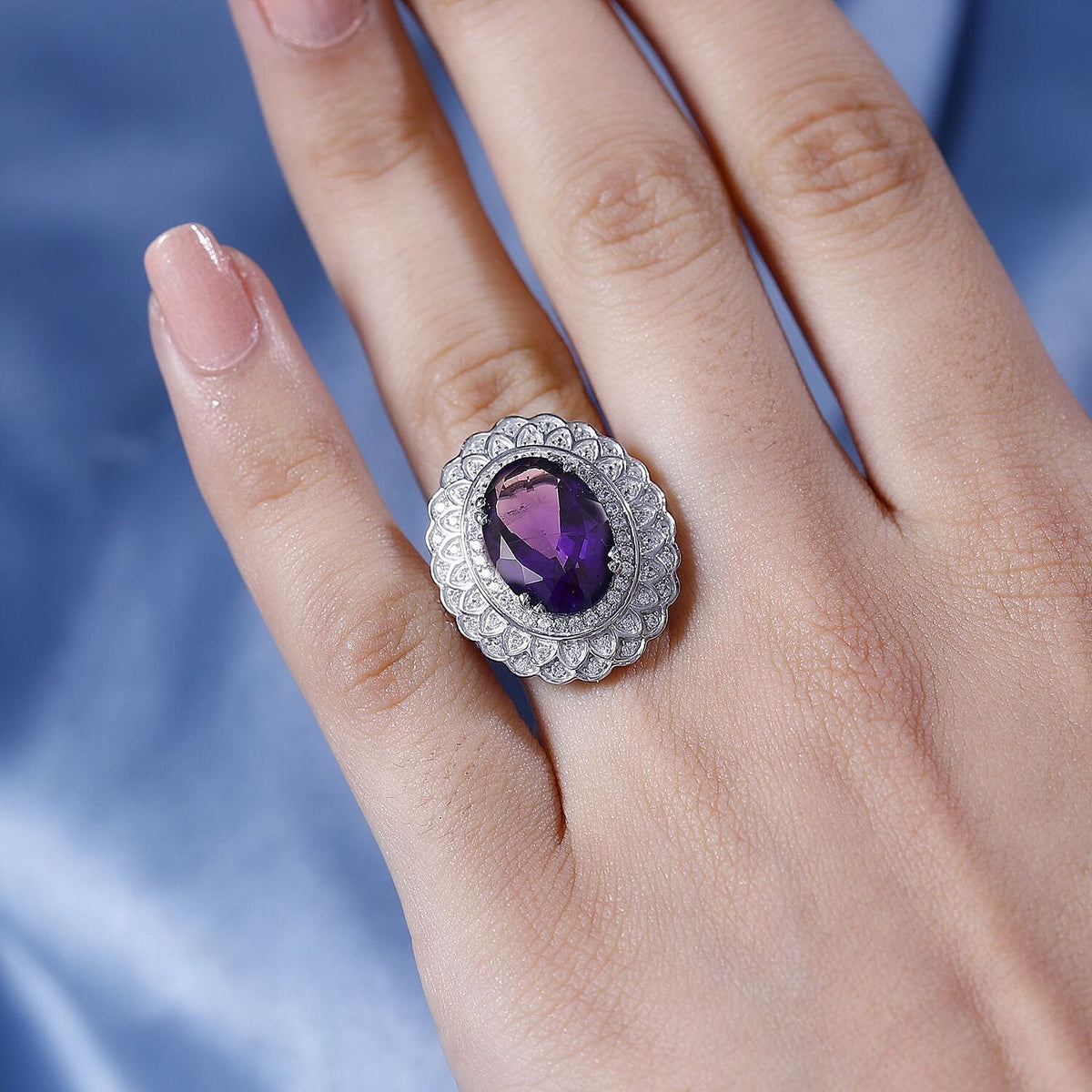 African Amethyst, White Zircon Floral Ring in Rhodium Overlay Sterling Silver 7829829 2