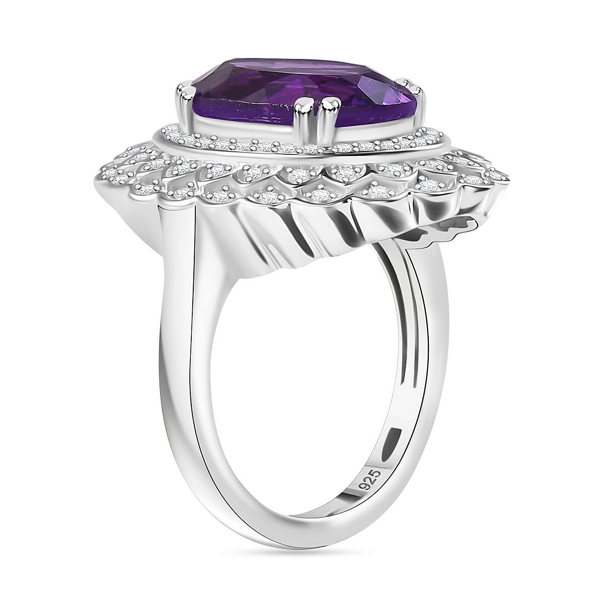 African Amethyst, White Zircon Floral Ring in Rhodium Overlay Sterling Silver 7829829 3