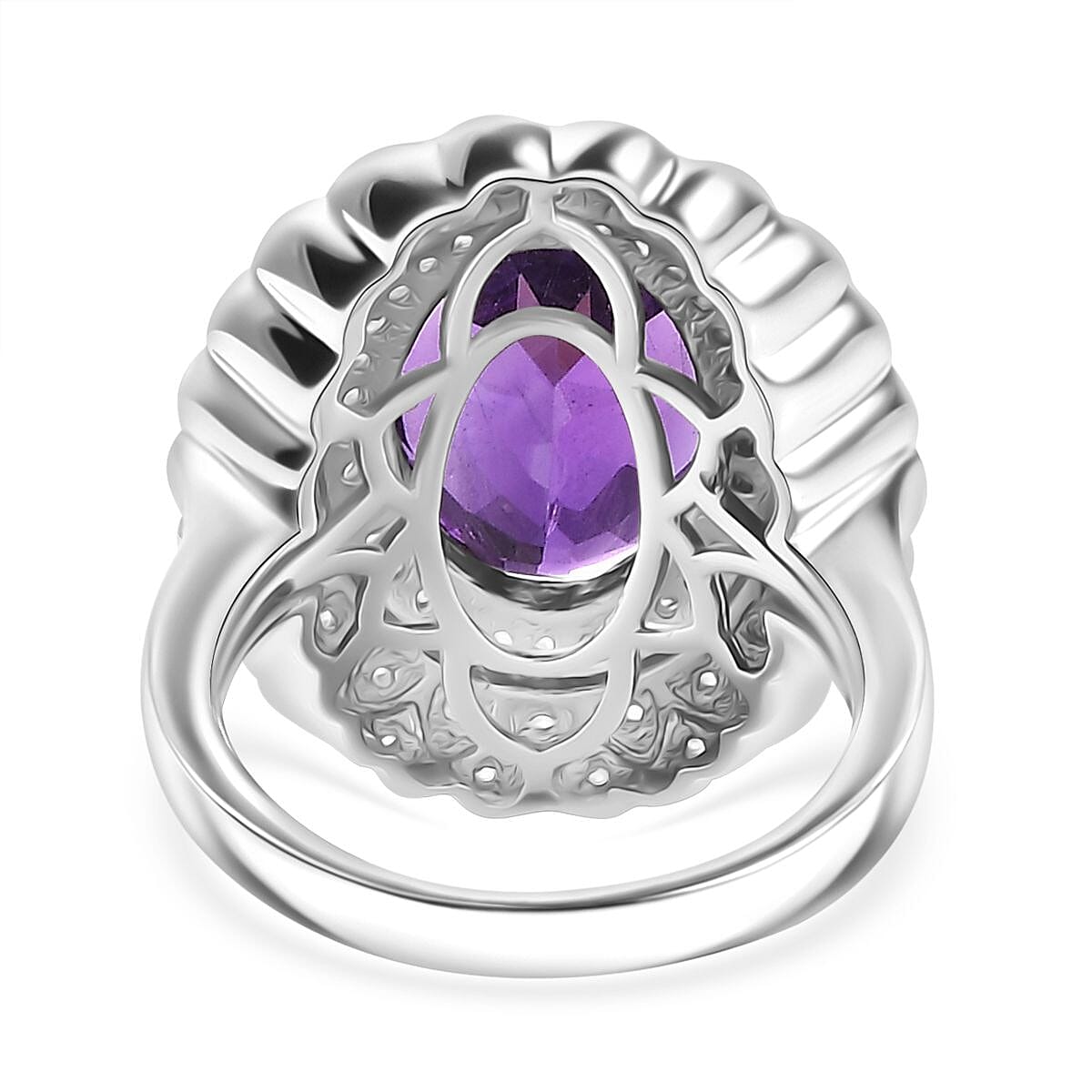 African Amethyst, White Zircon Floral Ring in Rhodium Overlay Sterling Silver 7829829 4