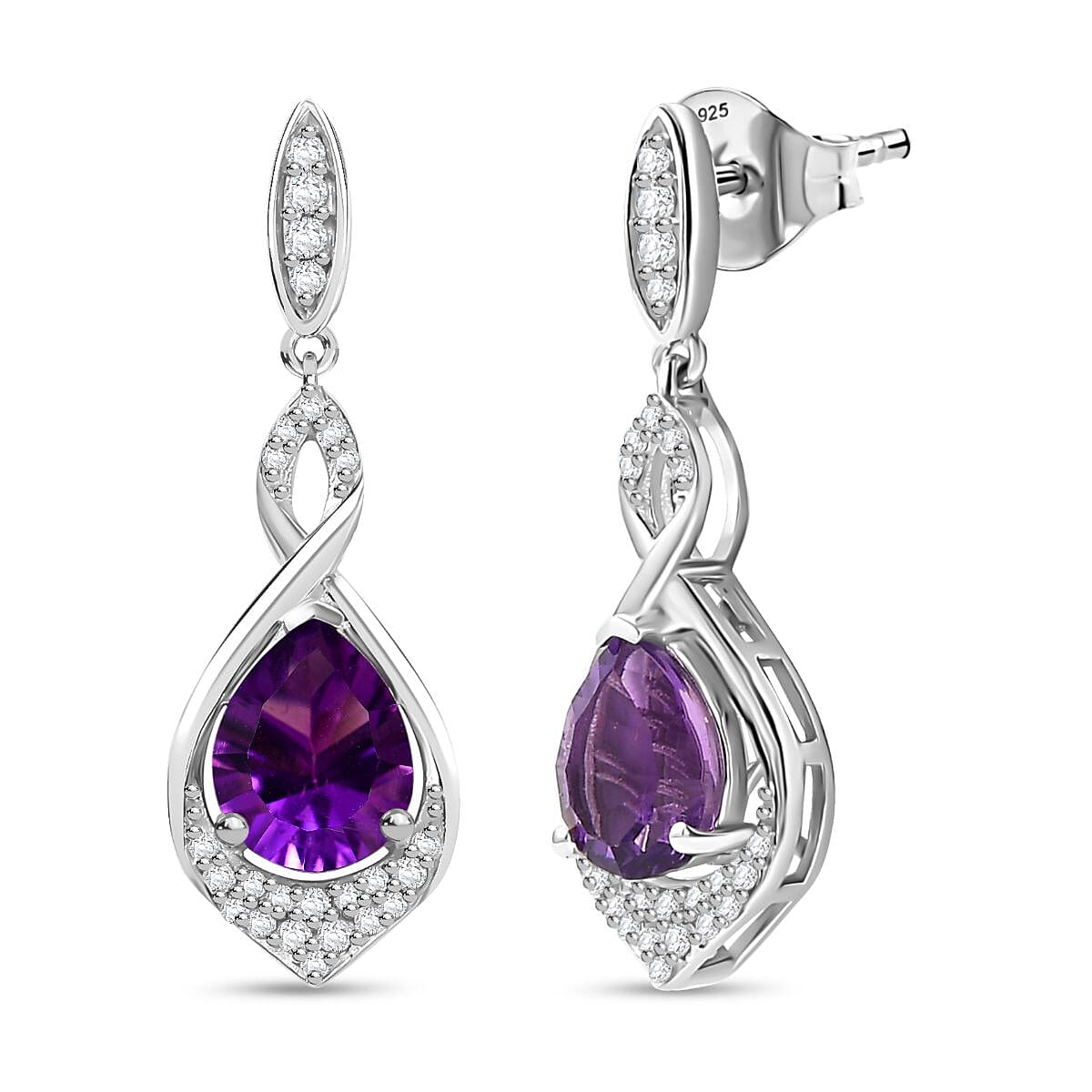 African Amethyst, White Zircon Infinity Dangling Earrings in Rhodium Overlay Sterling Silver 7894493 2