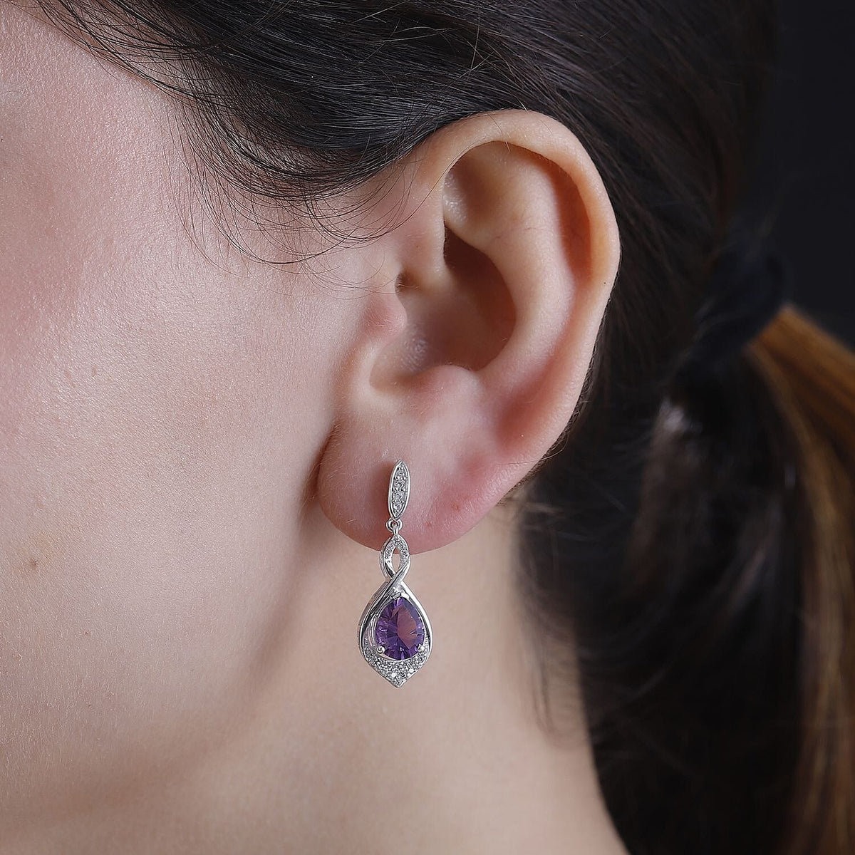 African Amethyst, White Zircon Infinity Dangling Earrings in Rhodium Overlay Sterling Silver 7894493 6