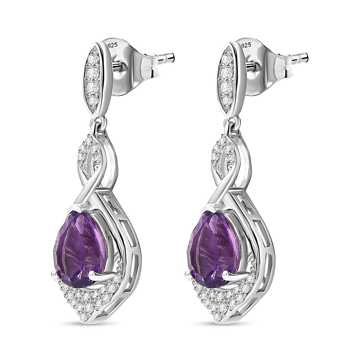 African Amethyst, White Zircon Infinity Dangling Earrings in Rhodium Overlay Sterling Silver 7894493 8