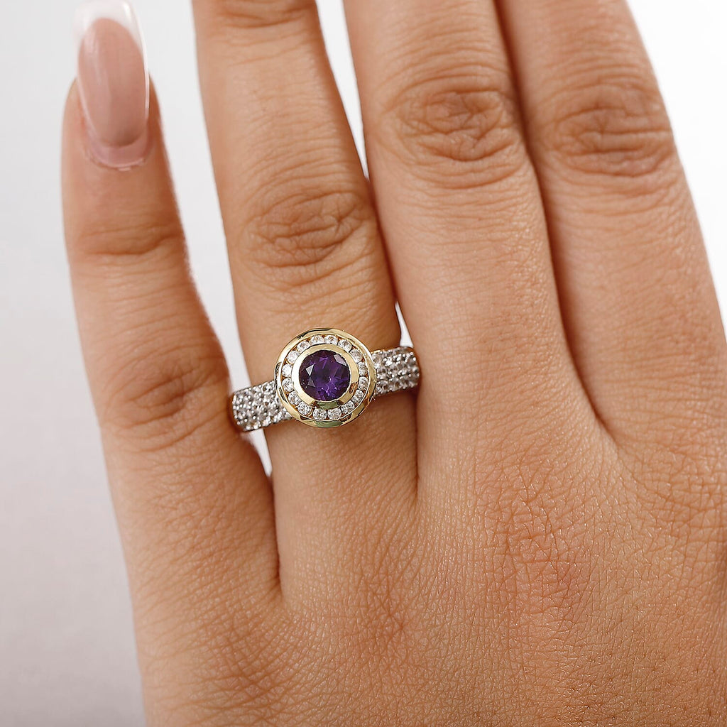 African Amethyst & White Zircon Ring in Yellow Gold Tone 4.10 Ct.