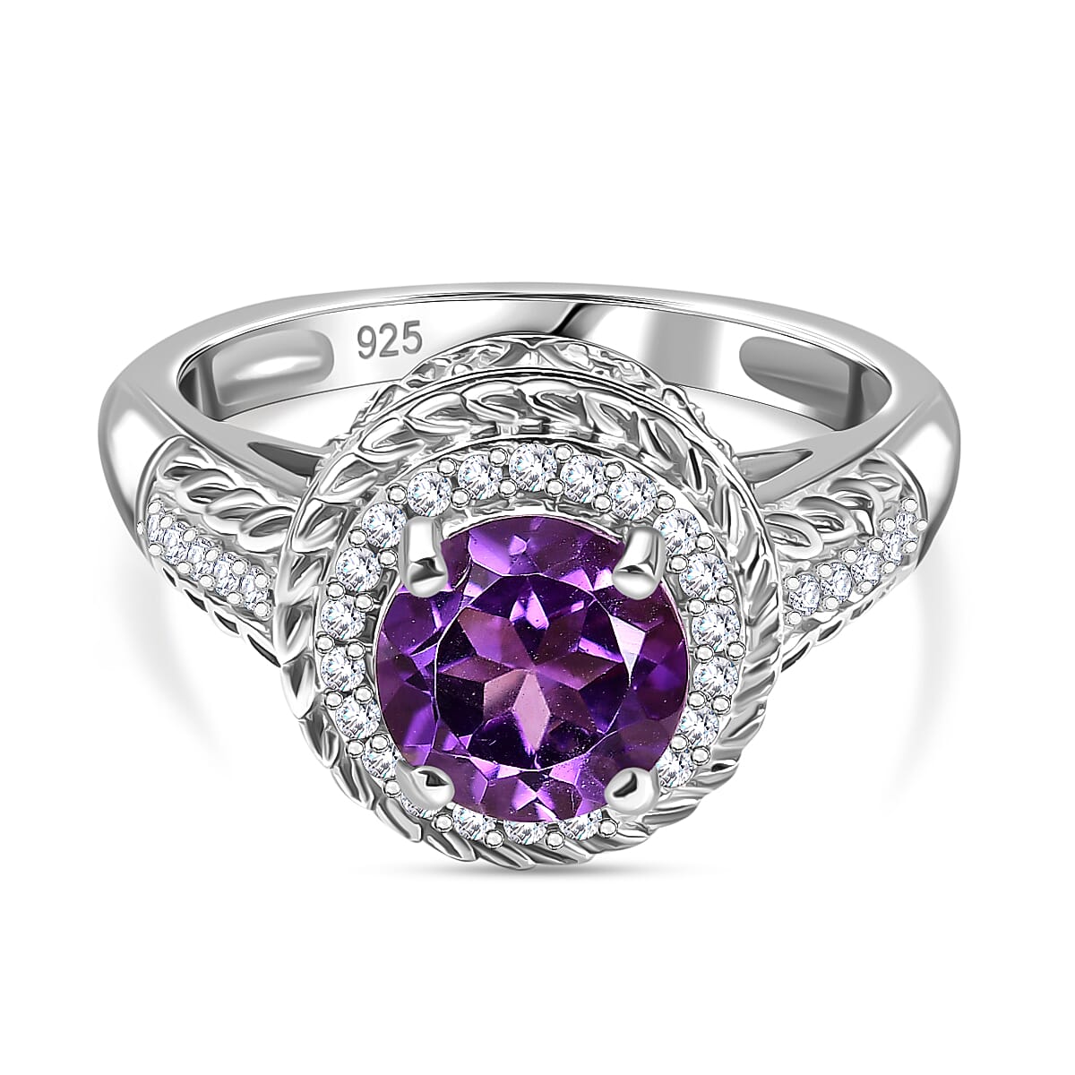 African Amethyst, White Zircon Halo Ring in Rhodium Overlay Sterling Silver 8047874 0