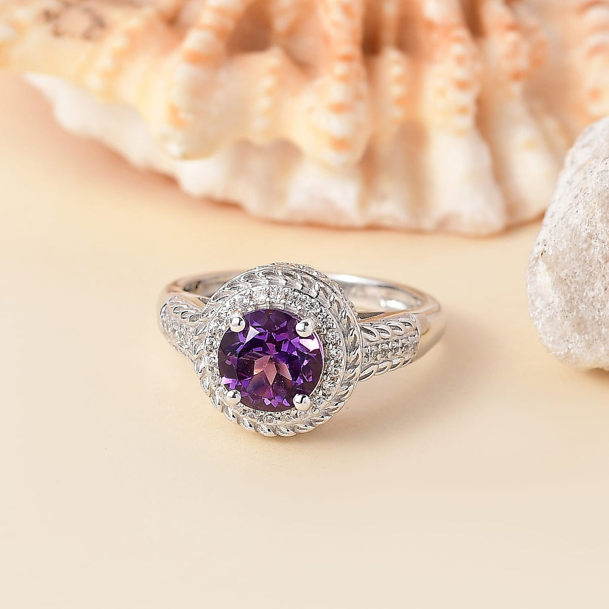 African Amethyst, White Zircon Halo Ring in Rhodium Overlay Sterling Silver 8047874 2