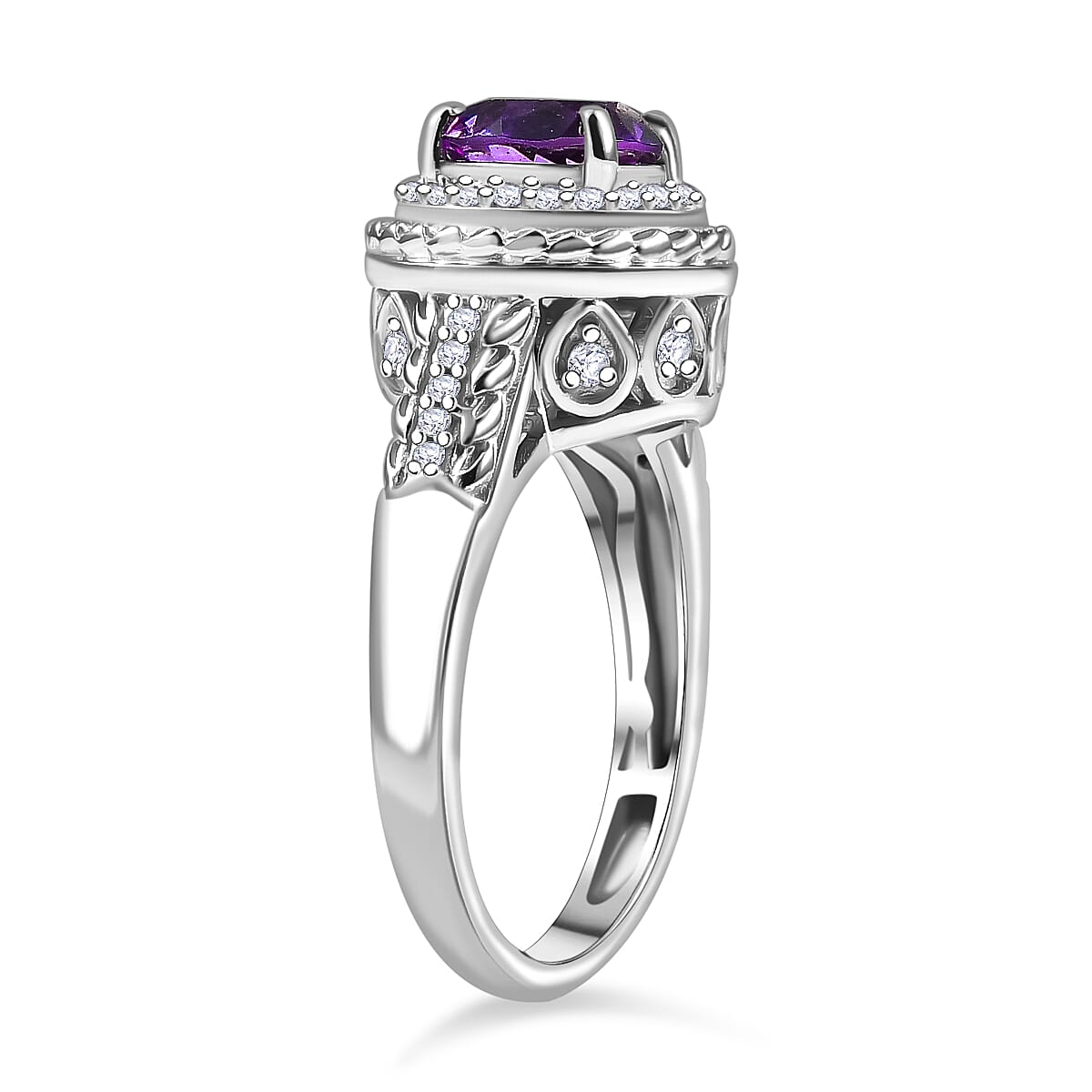 African Amethyst, White Zircon Halo Ring in Rhodium Overlay Sterling Silver 8047874 4