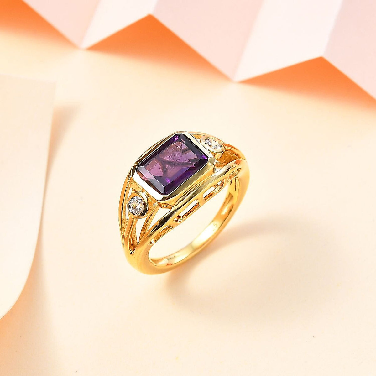 African Amethyst, White Zircon Ring in 18K Vermeil Yellow Gold Plated Sterling Silver,  2.504  Ct. 7758052 2