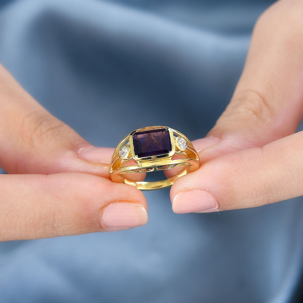 Designer Inspired African Amethyst and Zircon Ring in 18k Gold Vermeil Sterling Silver 2.45 Ct