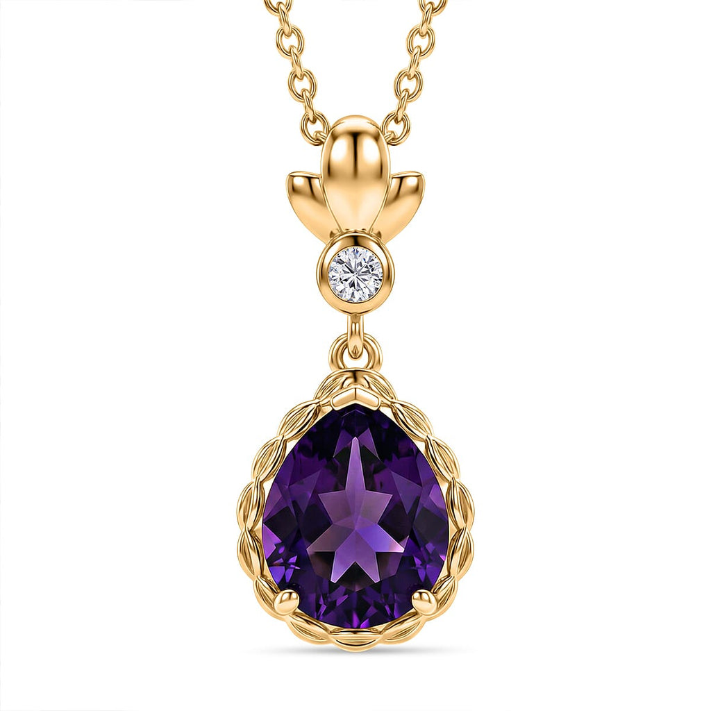 D'Joy AAA African Amethyst & White Zircon Pendant in Yellow Gold Plated Sterling Silver with Chain (Size 20) 2.94 Ct.