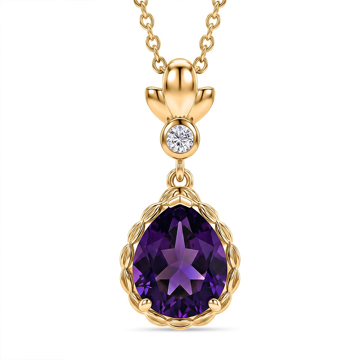 D'Joy AAA African Amethyst &amp; White Zircon Drop Pendant in Yellow Gold Plated Sterling Silver with Chain (Size 20) 2.94 Ct. 4453733 0