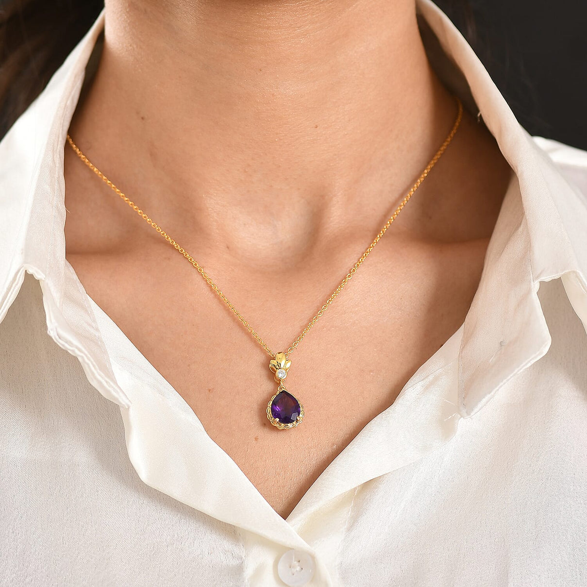 D'Joy AAA African Amethyst &amp; White Zircon Drop Pendant in Yellow Gold Plated Sterling Silver with Chain (Size 20) 2.94 Ct. 4453733 2