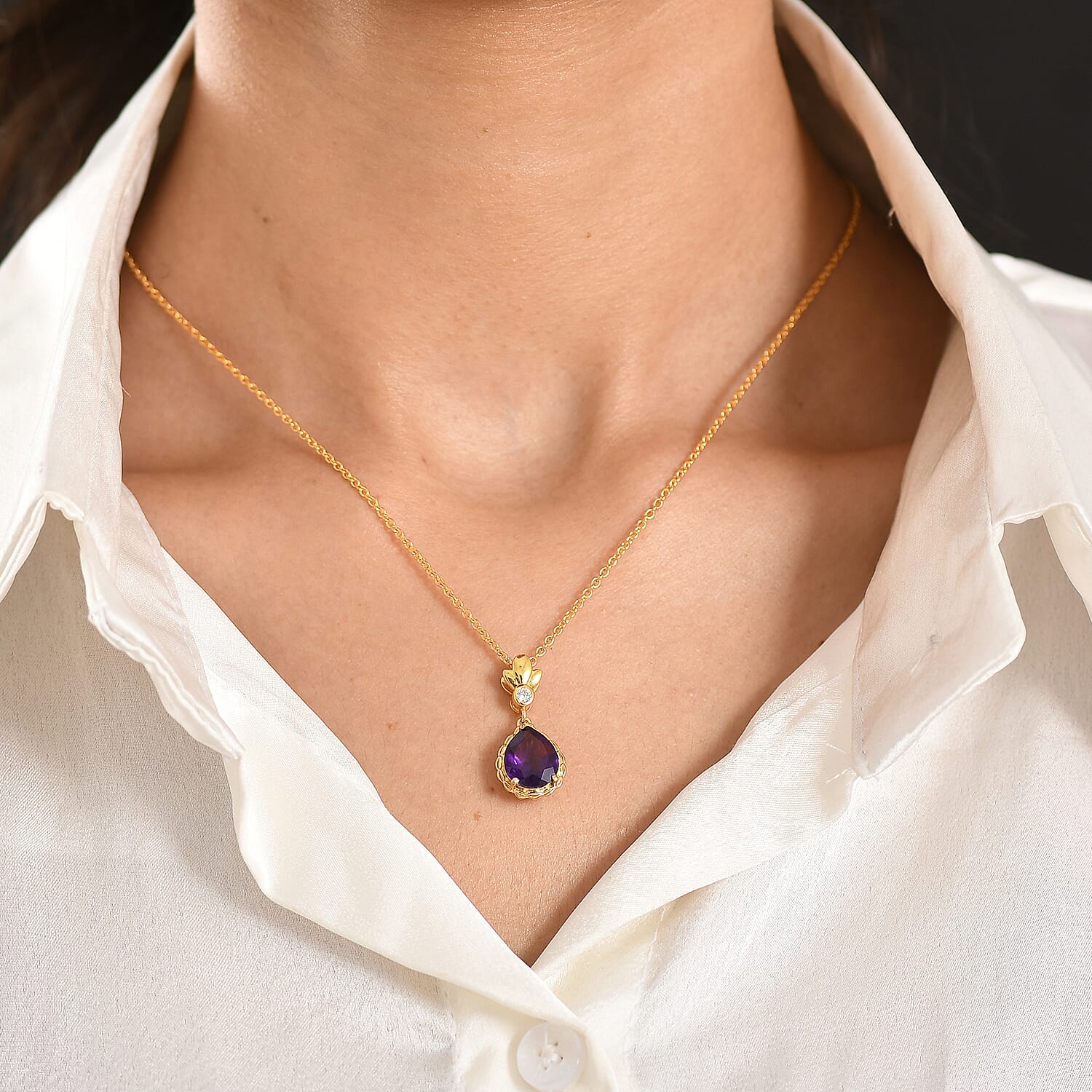 D'Joy AAA African Amethyst &amp; White Zircon Drop Pendant in Yellow Gold Plated Sterling Silver with Chain (Size 20) 2.94 Ct. 4453733 2