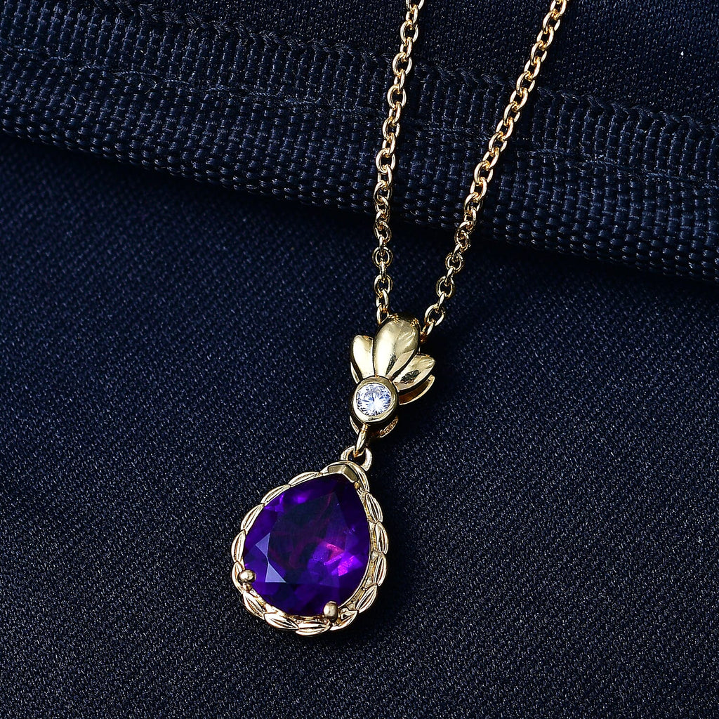 D'Joy AAA African Amethyst & White Zircon Pendant in Yellow Gold Plated Sterling Silver with Chain (Size 20) 2.94 Ct.