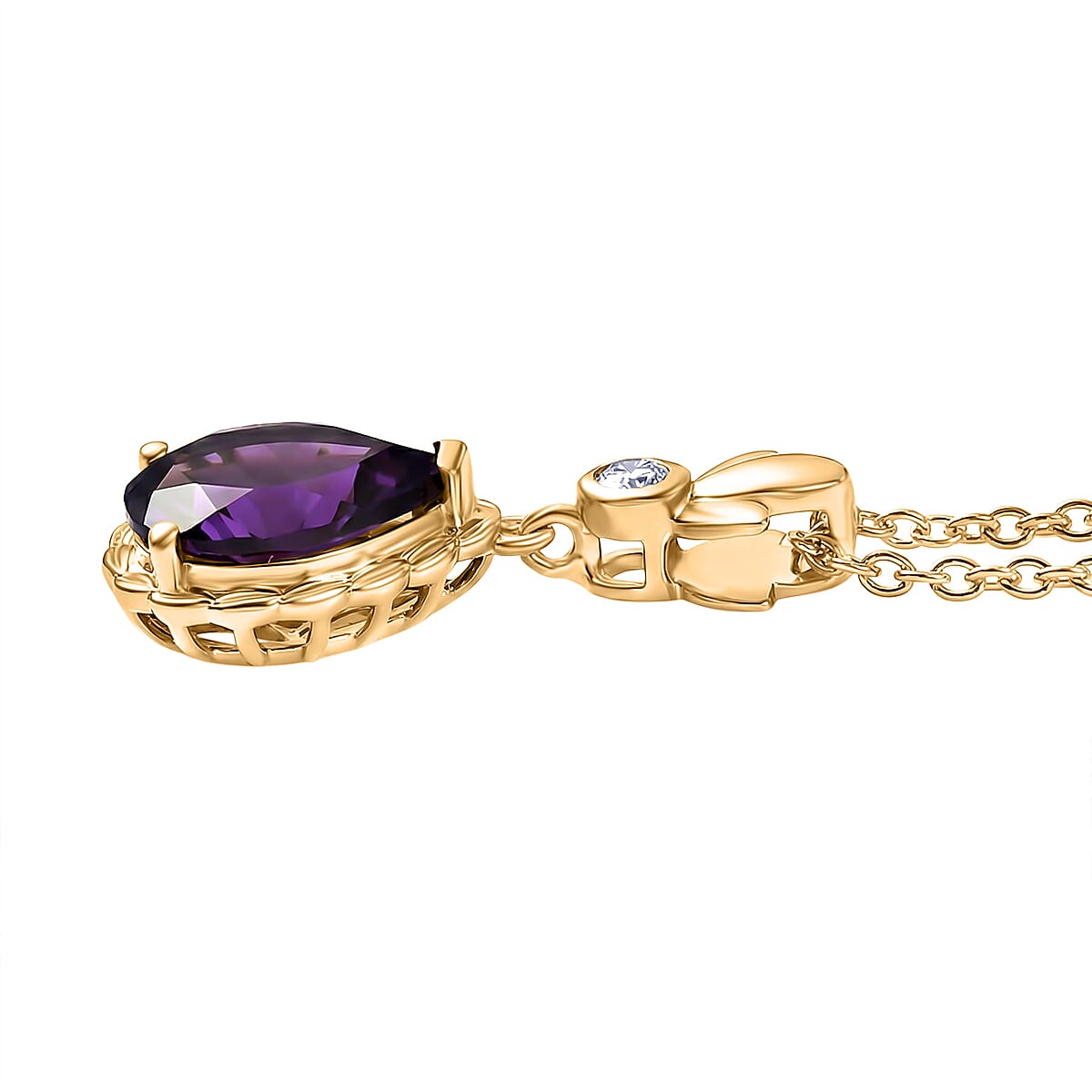 D'Joy AAA African Amethyst &amp; White Zircon Drop Pendant in Yellow Gold Plated Sterling Silver with Chain (Size 20) 2.94 Ct. 4453733 4