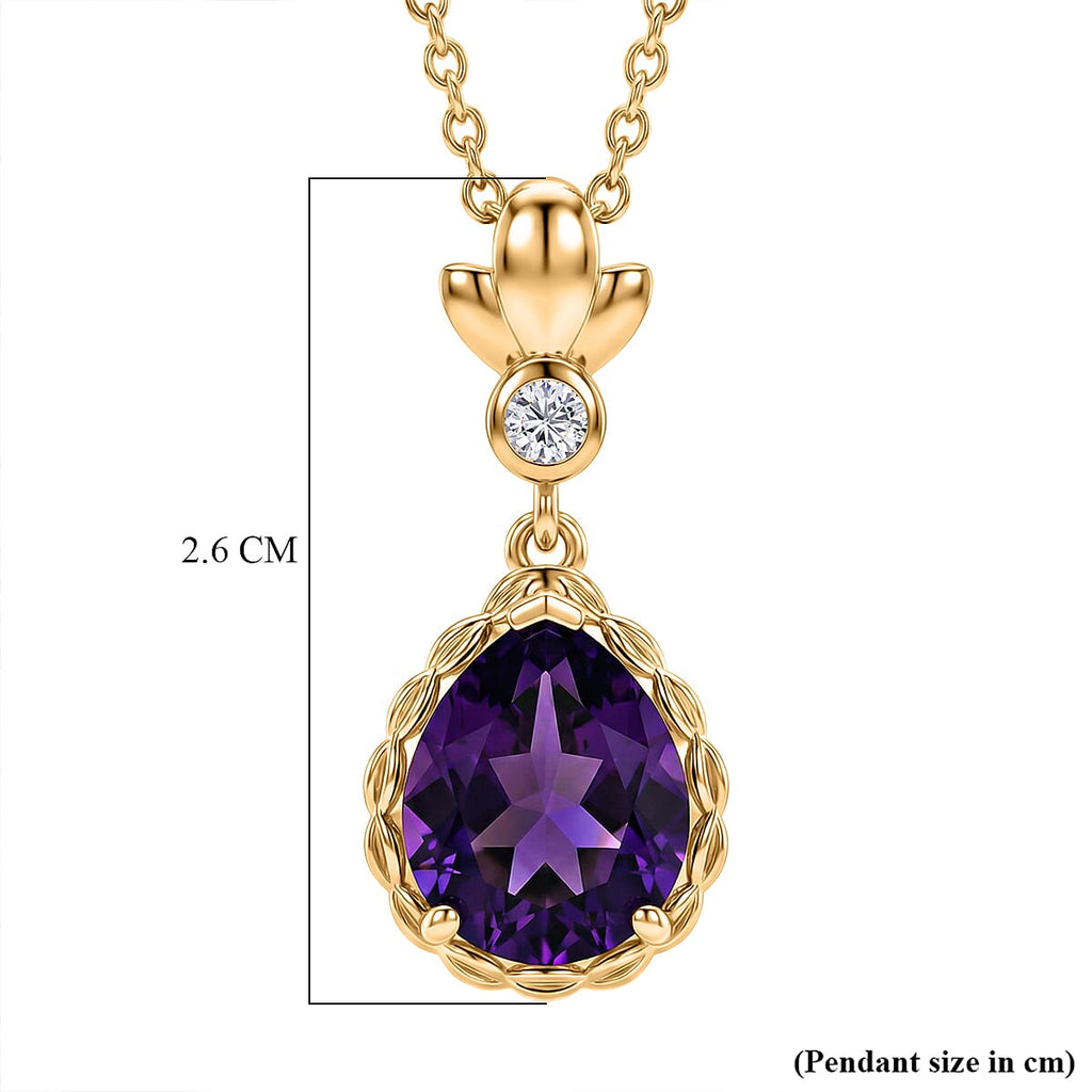D'Joy AAA African Amethyst & White Zircon Pendant in Yellow Gold Plated Sterling Silver with Chain (Size 20) 2.94 Ct.