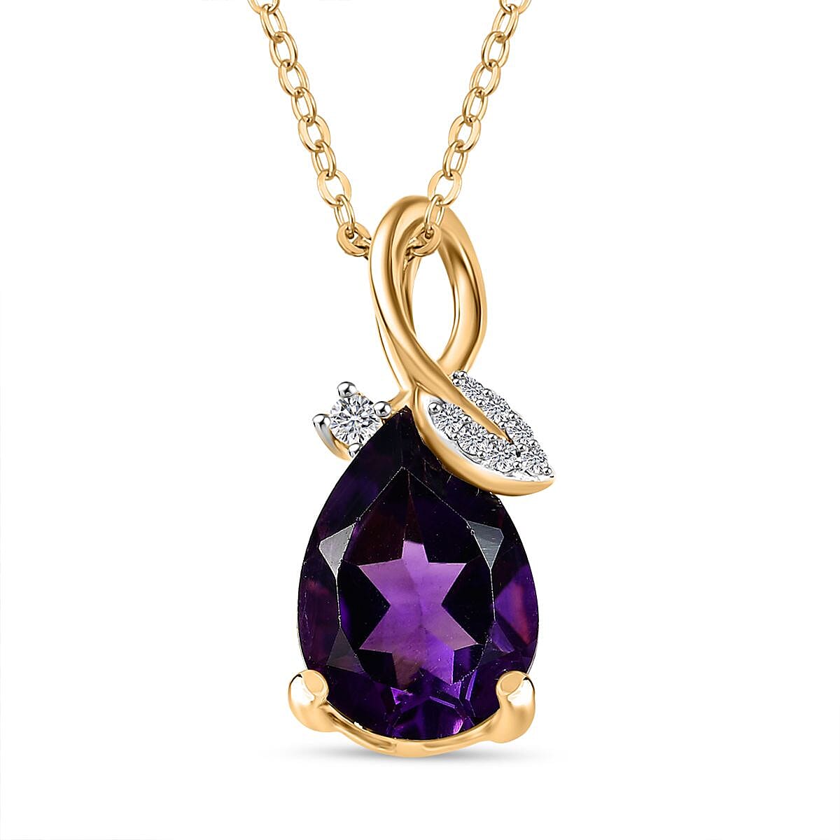 AAA African Amethyst &amp; White Zircon Pendant with Chain (Size - 20) in 18K Vermeil Yellow Gold Plated Sterling Silver 1.85 Ct. 4355630 0