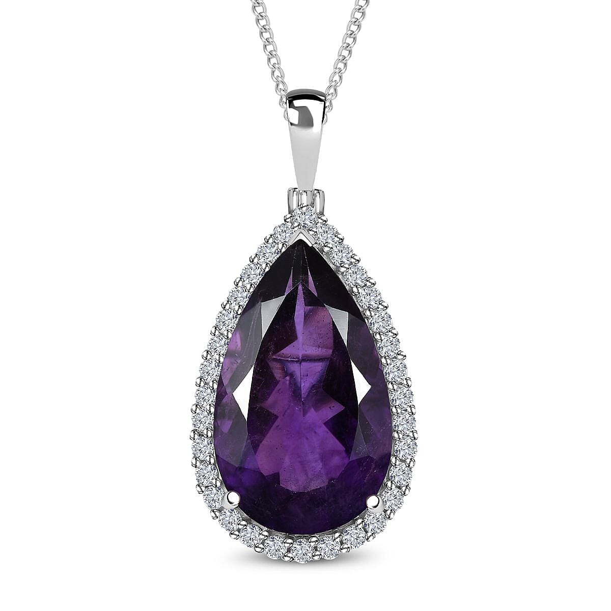 AAA Amethyst &amp; Natural Zircon Drop Pendant with Chain (Size 20) in Platinum Overlay Sterling Silver 18.24 Ct, Silver Wt. 11.11 Gms 4251101 0