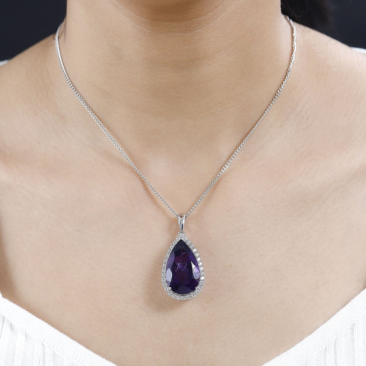 AAA Amethyst &amp; Natural Zircon Drop Pendant with Chain (Size 20) in Platinum Overlay Sterling Silver 18.24 Ct, Silver Wt. 11.11 Gms 4251101 2