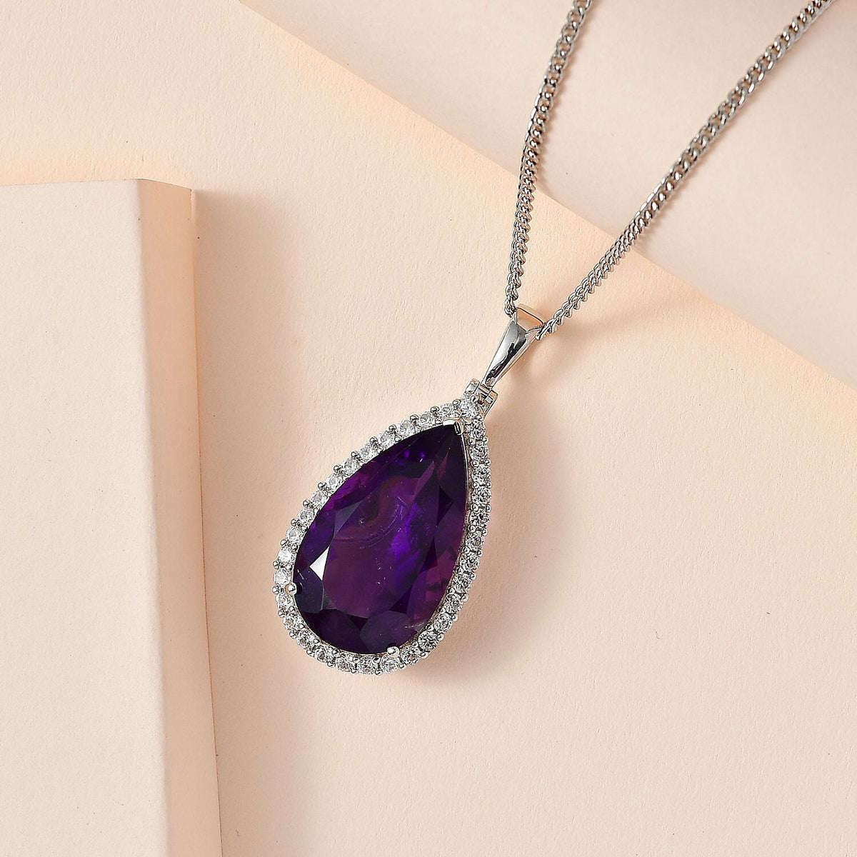 AAA Amethyst &amp; Natural Zircon Drop Pendant with Chain (Size 20) in Platinum Overlay Sterling Silver 18.24 Ct, Silver Wt. 11.11 Gms 4251101 3