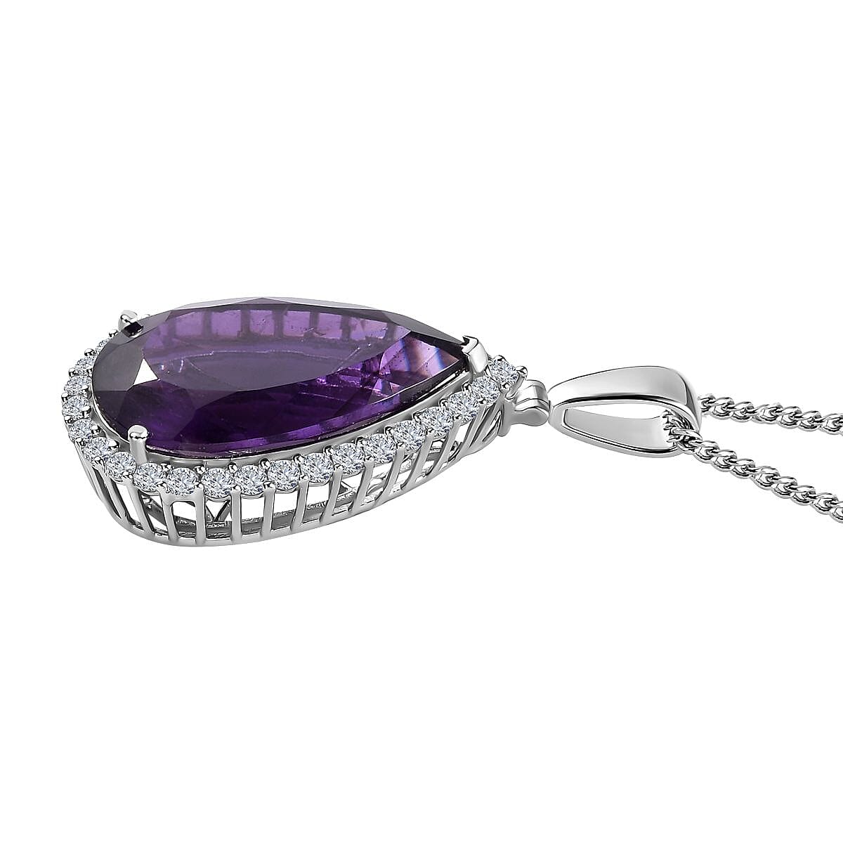 AAA Amethyst &amp; Natural Zircon Drop Pendant with Chain (Size 20) in Platinum Overlay Sterling Silver 18.24 Ct, Silver Wt. 11.11 Gms 4251101 4