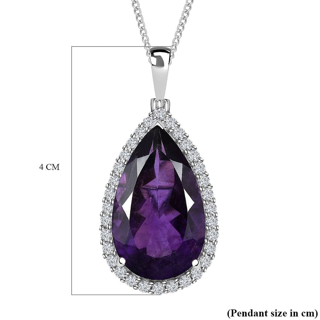 AAA Amethyst & Natural Zircon Drop Pendant with Chain (Size 20) in Platinum Overlay Sterling Silver 18.24 Ct, Silver Wt. 11.11 Gms