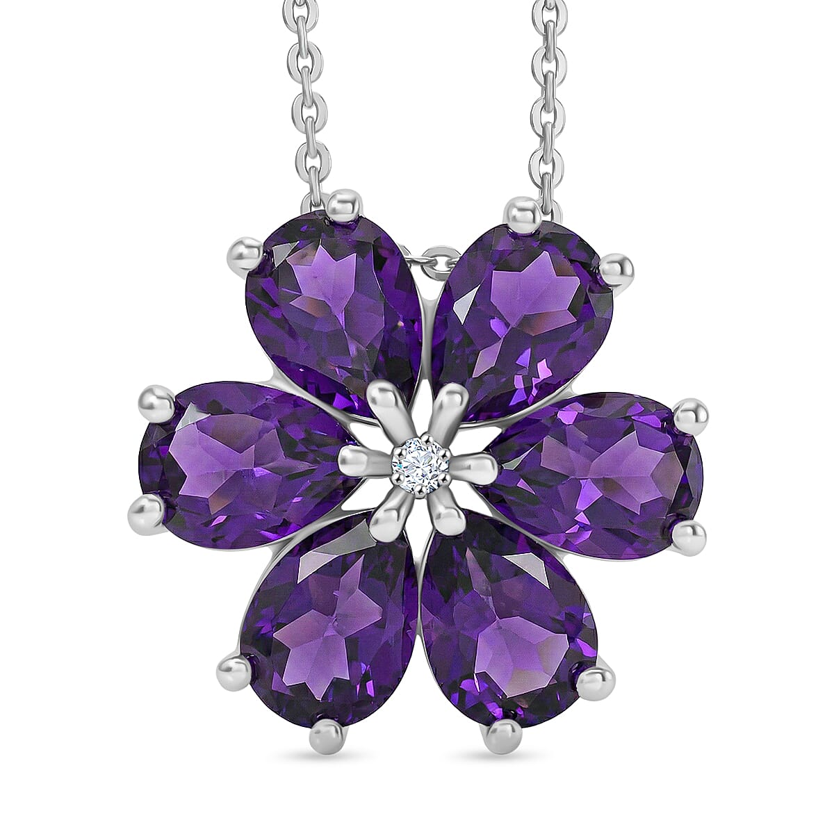D'Joy AAA African Amethyst &amp; White Zircon Floral Pendant with Chain (Size 20) in Platinum Overlay Sterling Silver 3.86 Ct. 4453444 0