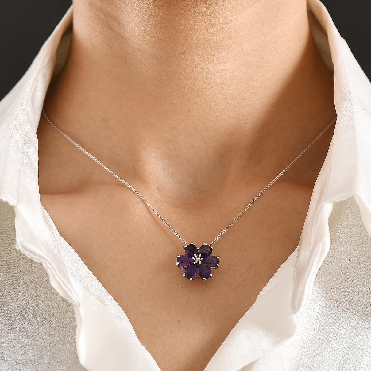 D'Joy AAA African Amethyst &amp; White Zircon Floral Pendant with Chain (Size 20) in Platinum Overlay Sterling Silver 3.86 Ct. 4453444 2