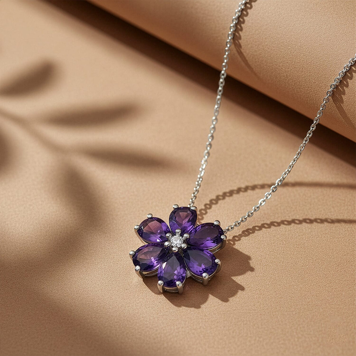 D'Joy AAA African Amethyst &amp; White Zircon Floral Pendant with Chain (Size 20) in Platinum Overlay Sterling Silver 3.86 Ct. 4453444 3