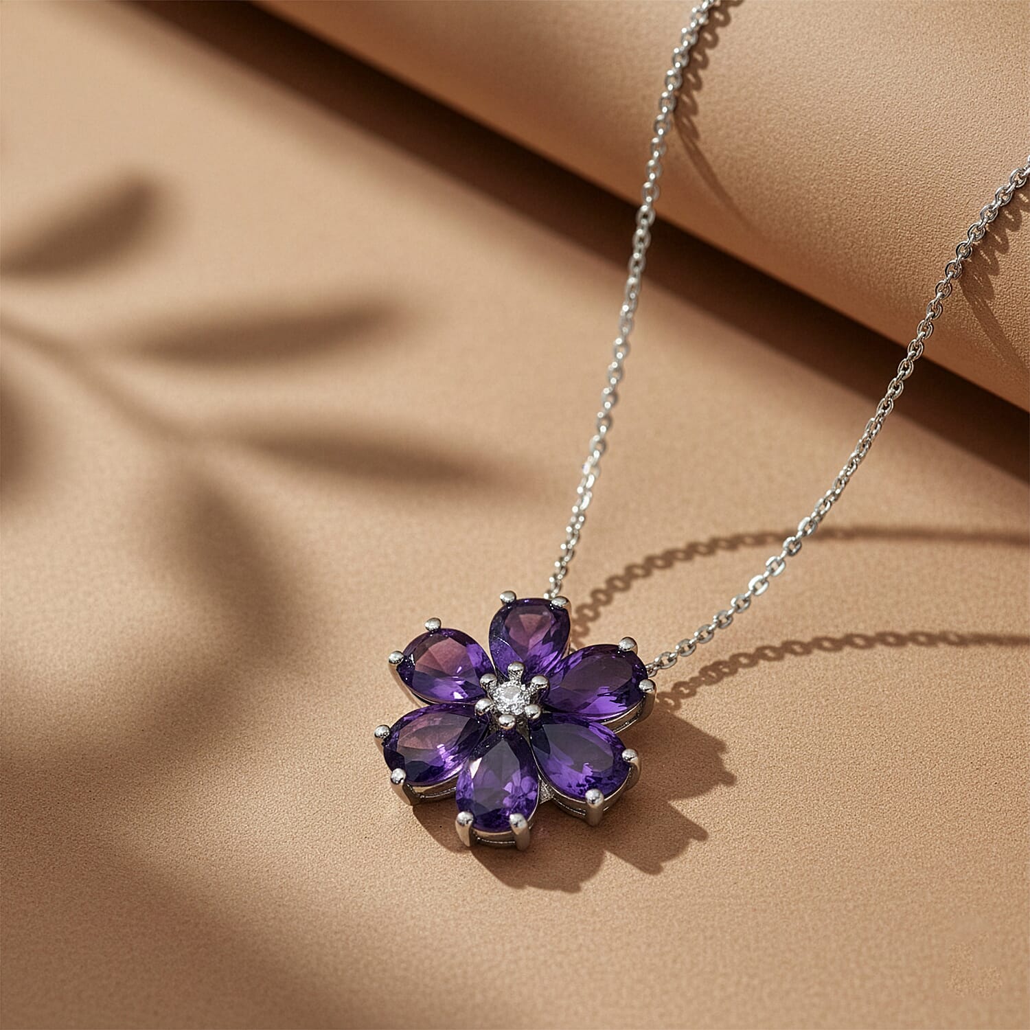 D'Joy AAA African Amethyst &amp; White Zircon Floral Pendant with Chain (Size 20) in Platinum Overlay Sterling Silver 3.86 Ct. 4453444 3