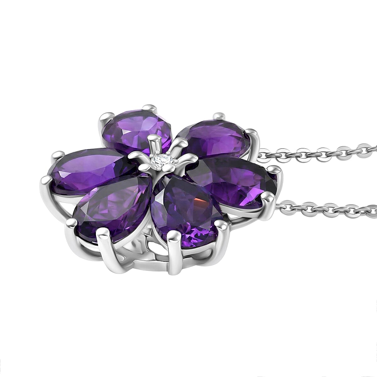D'Joy AAA African Amethyst &amp; White Zircon Floral Pendant with Chain (Size 20) in Platinum Overlay Sterling Silver 3.86 Ct. 4453444 4
