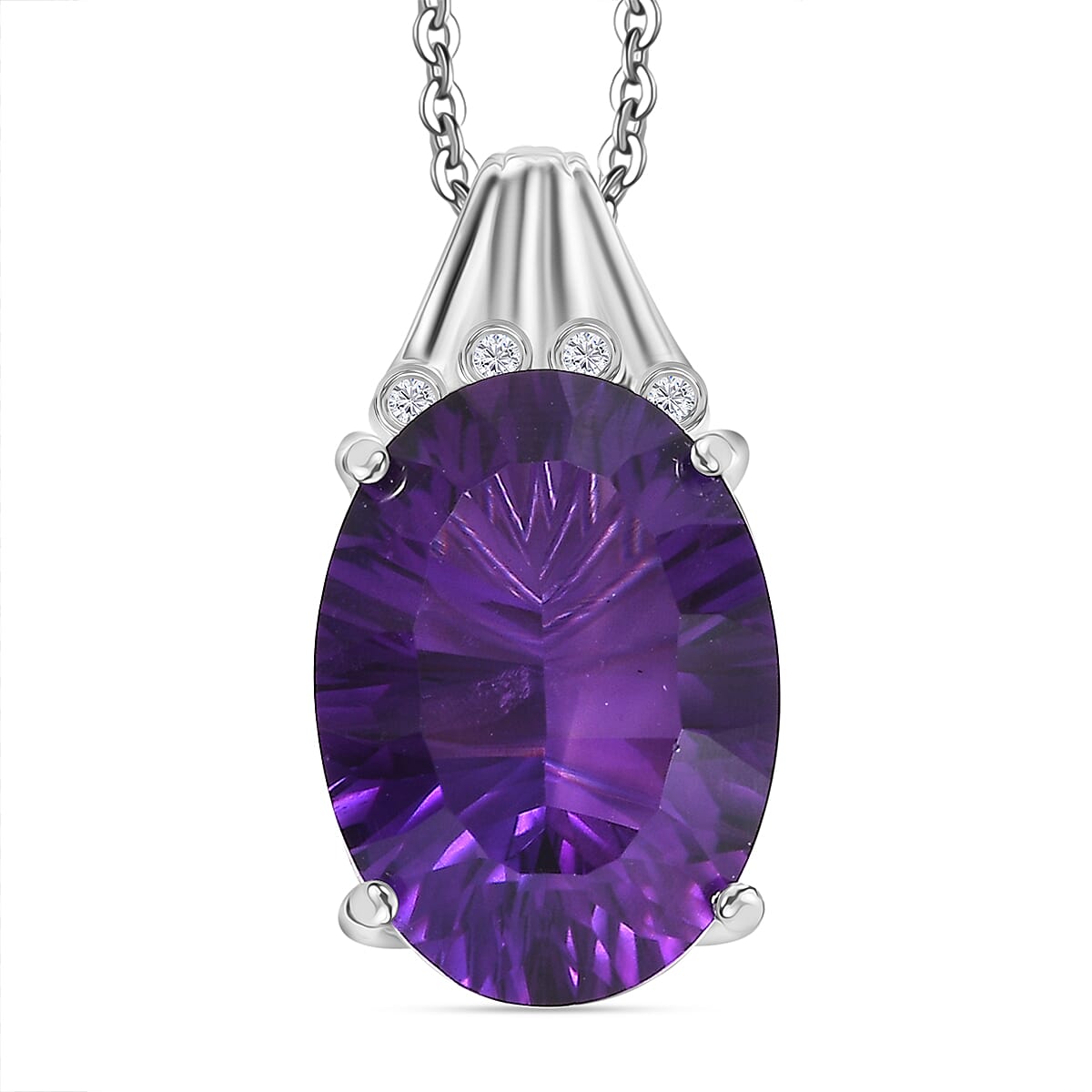 Concave Cut Zambian Amethyst &amp; White Zircon Pendant with Chain (Size - 20) in Rhodium Overlay Sterling Silver 11.81 Ct. 4339457 0