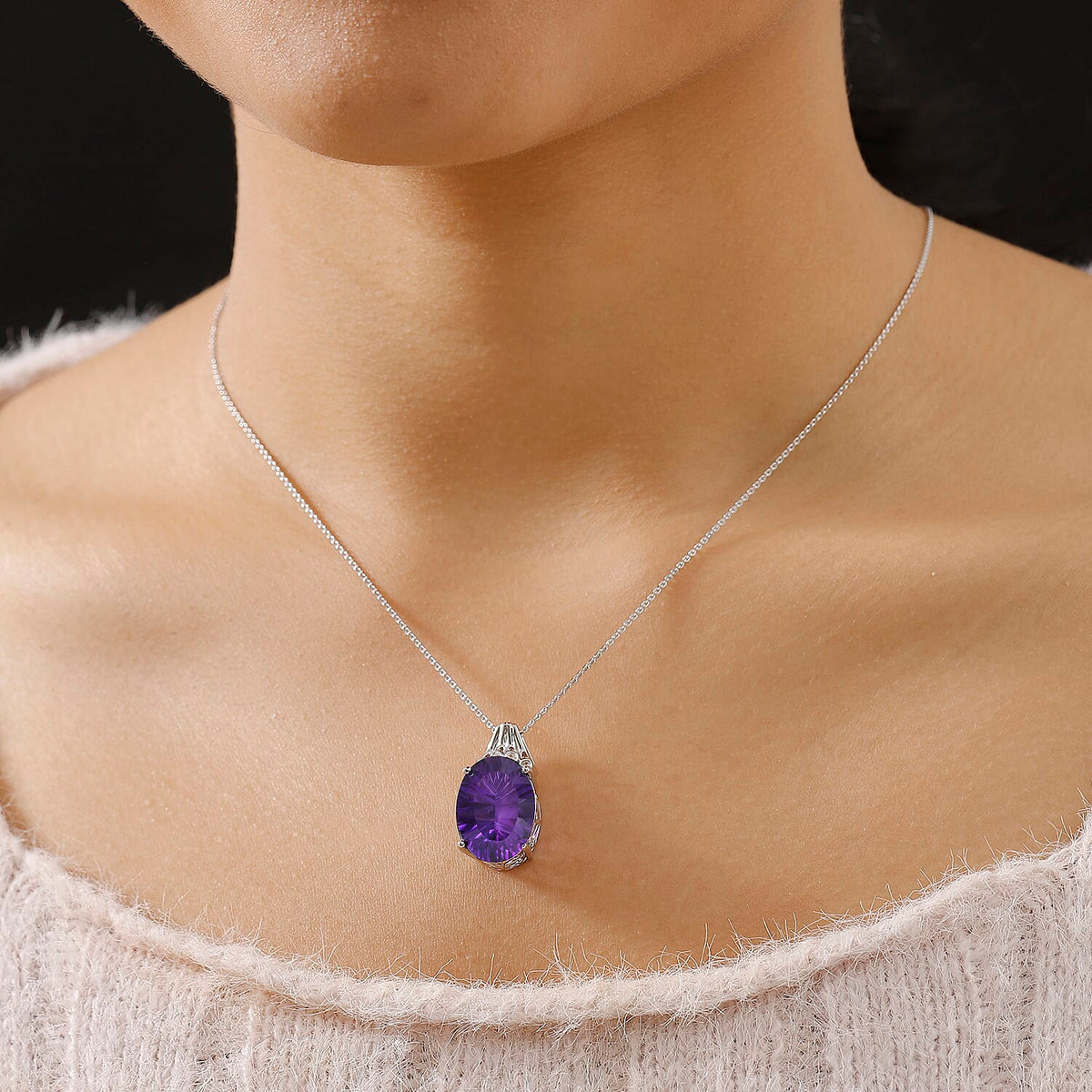 Concave Cut Zambian Amethyst &amp; White Zircon Pendant with Chain (Size - 20) in Rhodium Overlay Sterling Silver 11.81 Ct. 4339457 2