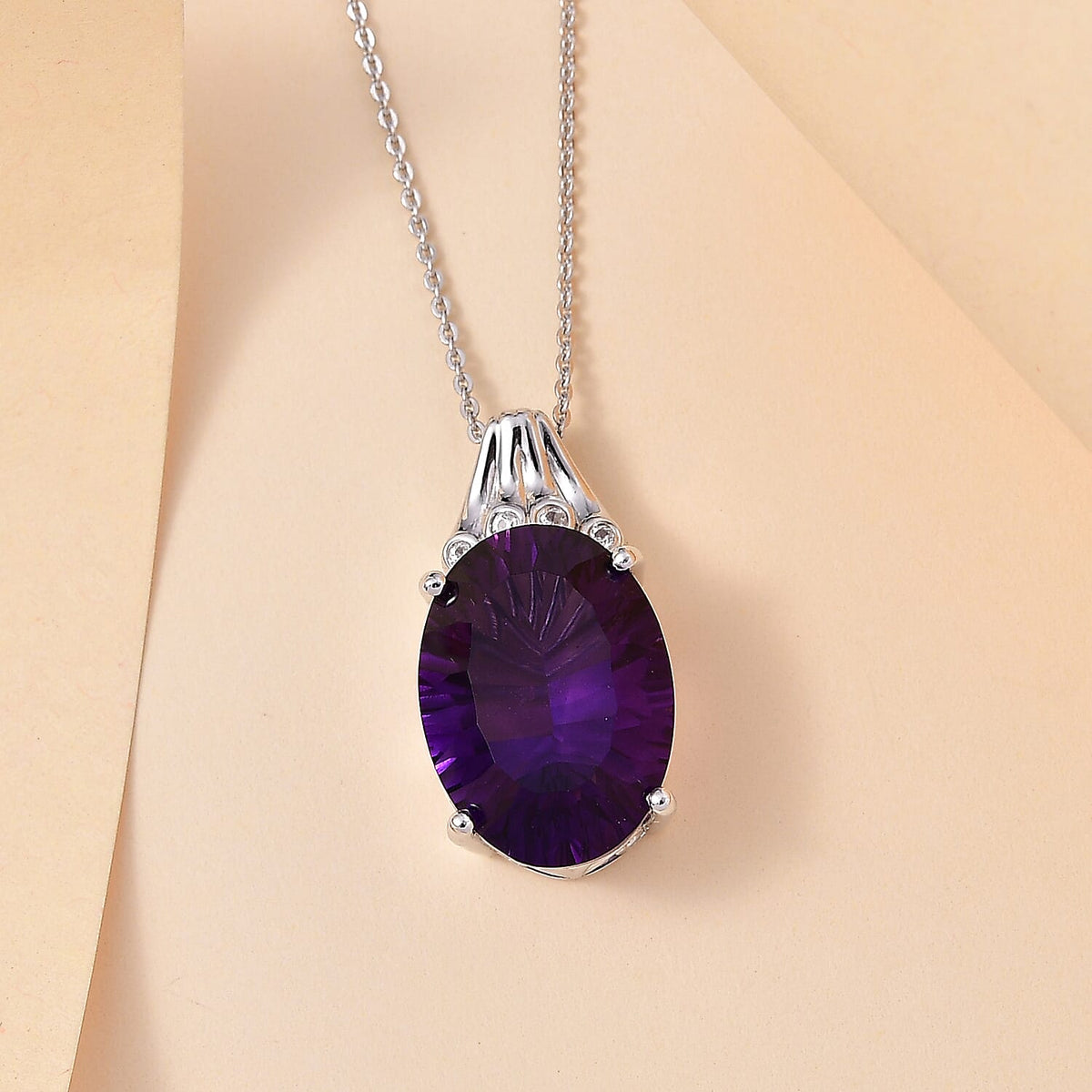 Concave Cut Zambian Amethyst &amp; White Zircon Pendant with Chain (Size - 20) in Rhodium Overlay Sterling Silver 11.81 Ct. 4339457 3