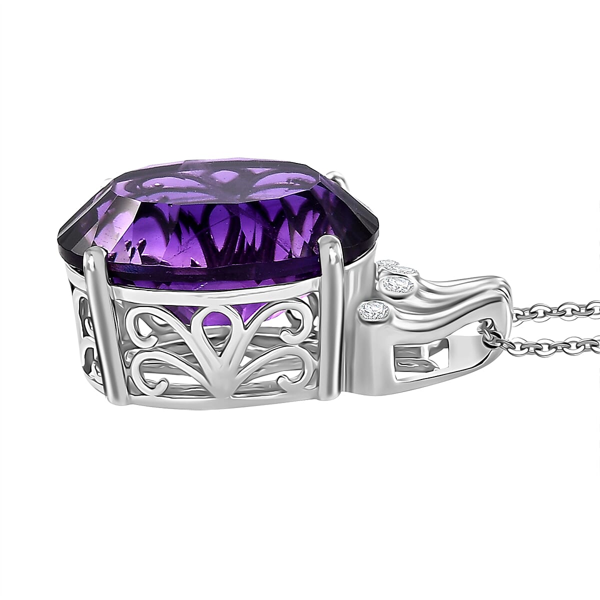 Concave Cut Zambian Amethyst &amp; White Zircon Pendant with Chain (Size - 20) in Rhodium Overlay Sterling Silver 11.81 Ct. 4339457 4