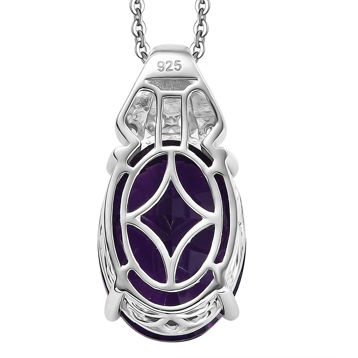 Concave Cut Zambian Amethyst &amp; White Zircon Pendant with Chain (Size - 20) in Rhodium Overlay Sterling Silver 11.81 Ct. 4339457 5