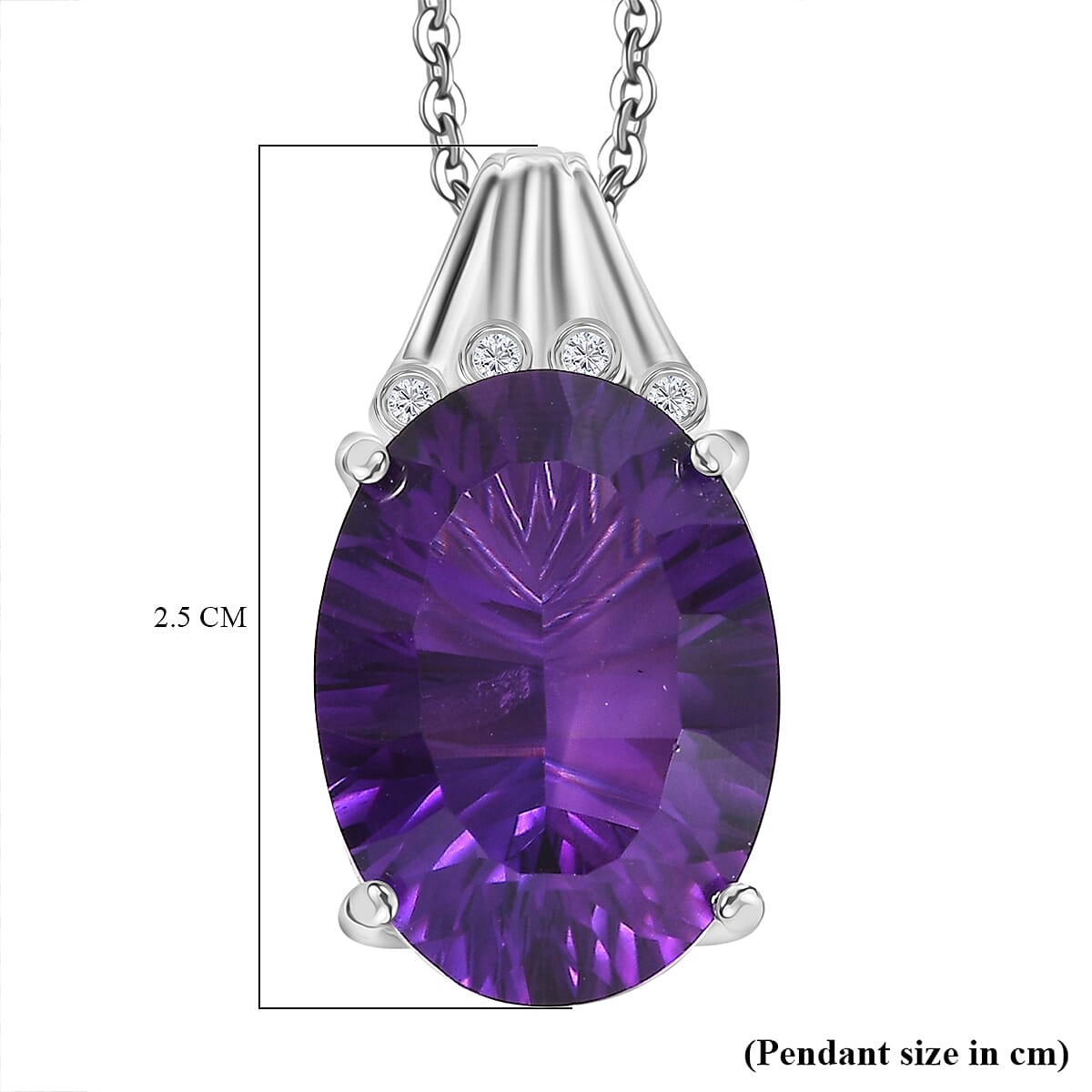 Concave Cut Zambian Amethyst &amp; White Zircon Pendant with Chain (Size - 20) in Rhodium Overlay Sterling Silver 11.81 Ct. 4339457 6